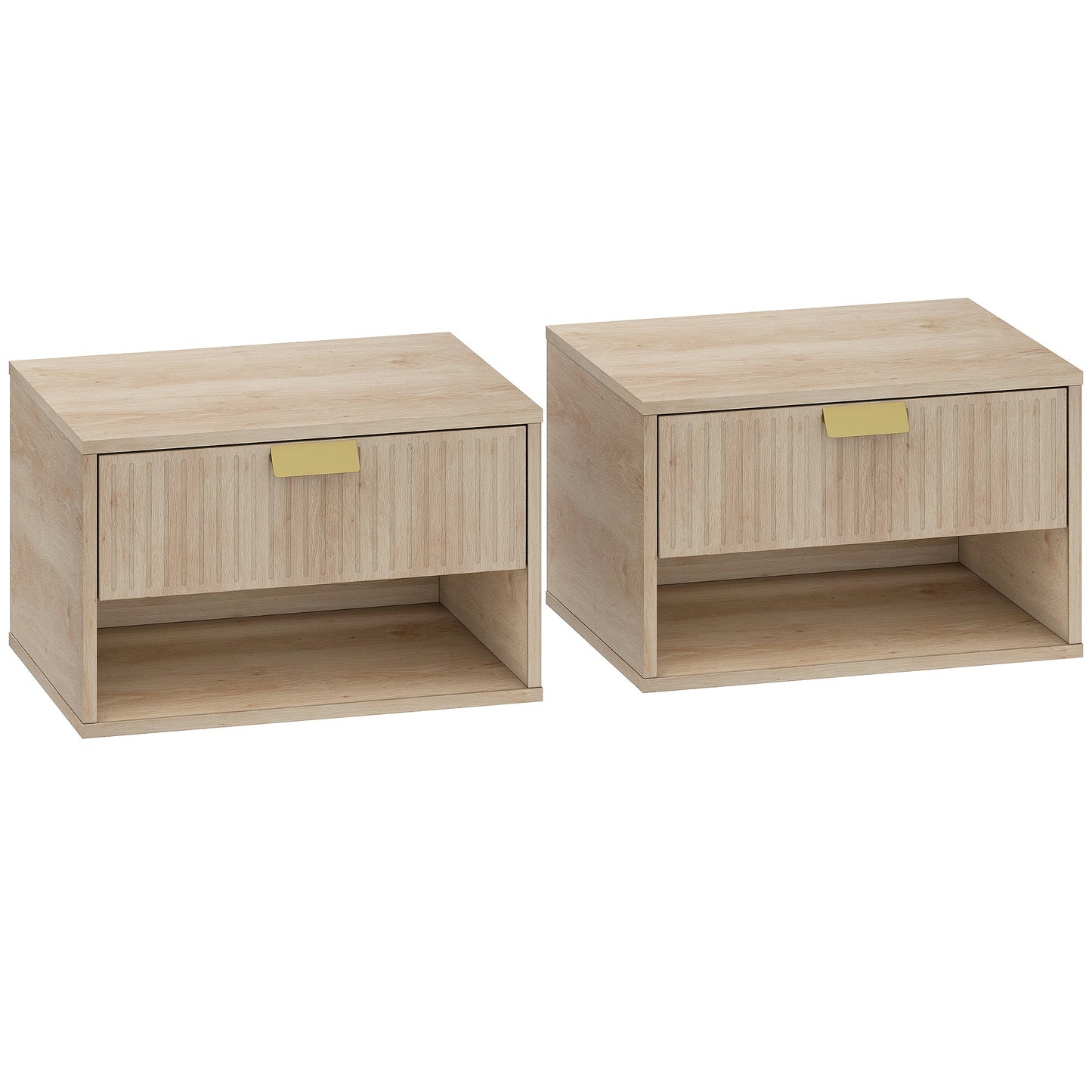 Floating Bedside Tables Set of 2, Wall Mounted Nightstands with Fluted Drawer and Open Shelf for Small Bedroom, Modern Bedside Table, 40 x 30 x 25 cm, Oak