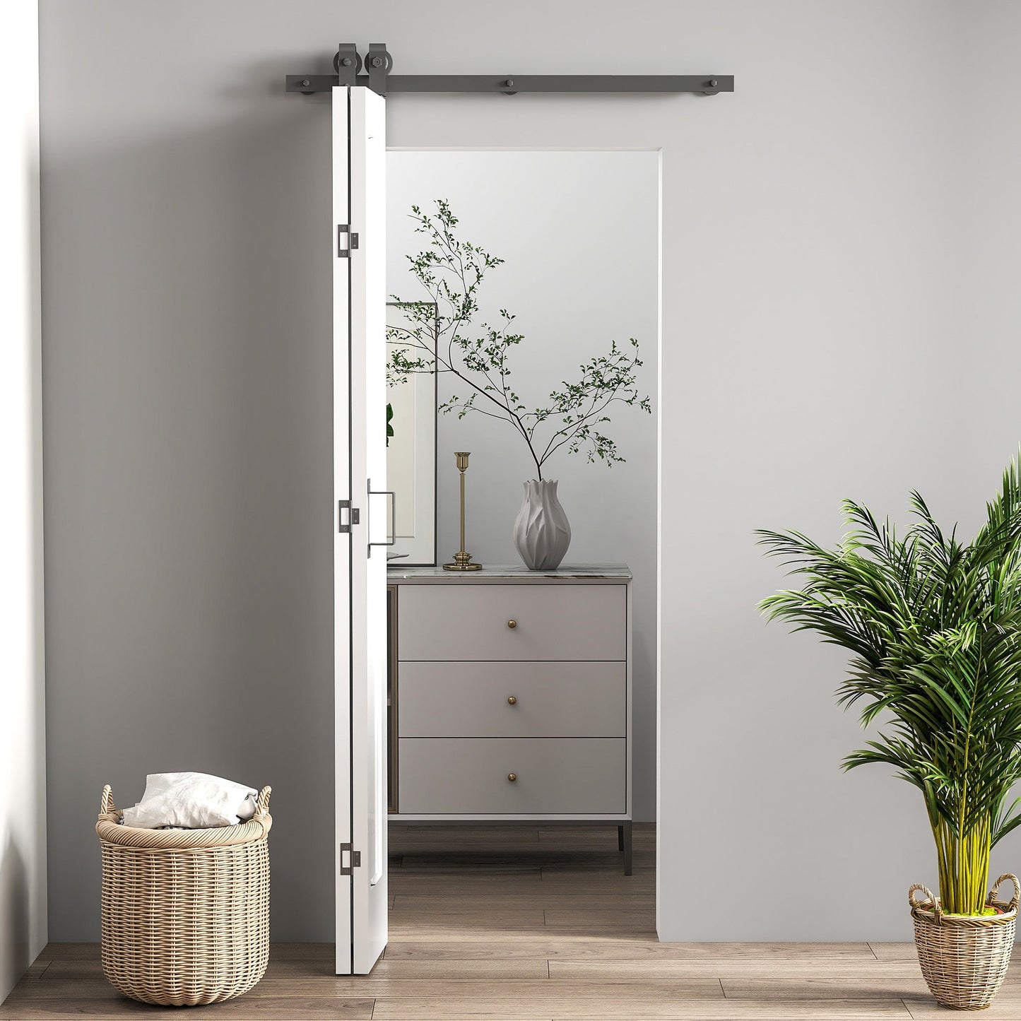70cm Modern Sliding Door Set Kit with Carbon Steel Rail, Opaque Home Decoration, DIY Office Style, White