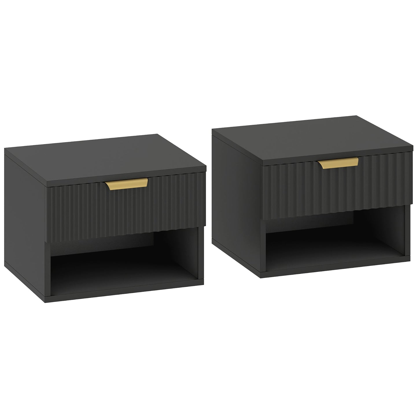 Floating Nightstands Set of 2, Modern Wall Mounted Bedside Tables with Fluted Drawer and Open Shelf for Bedroom, Black