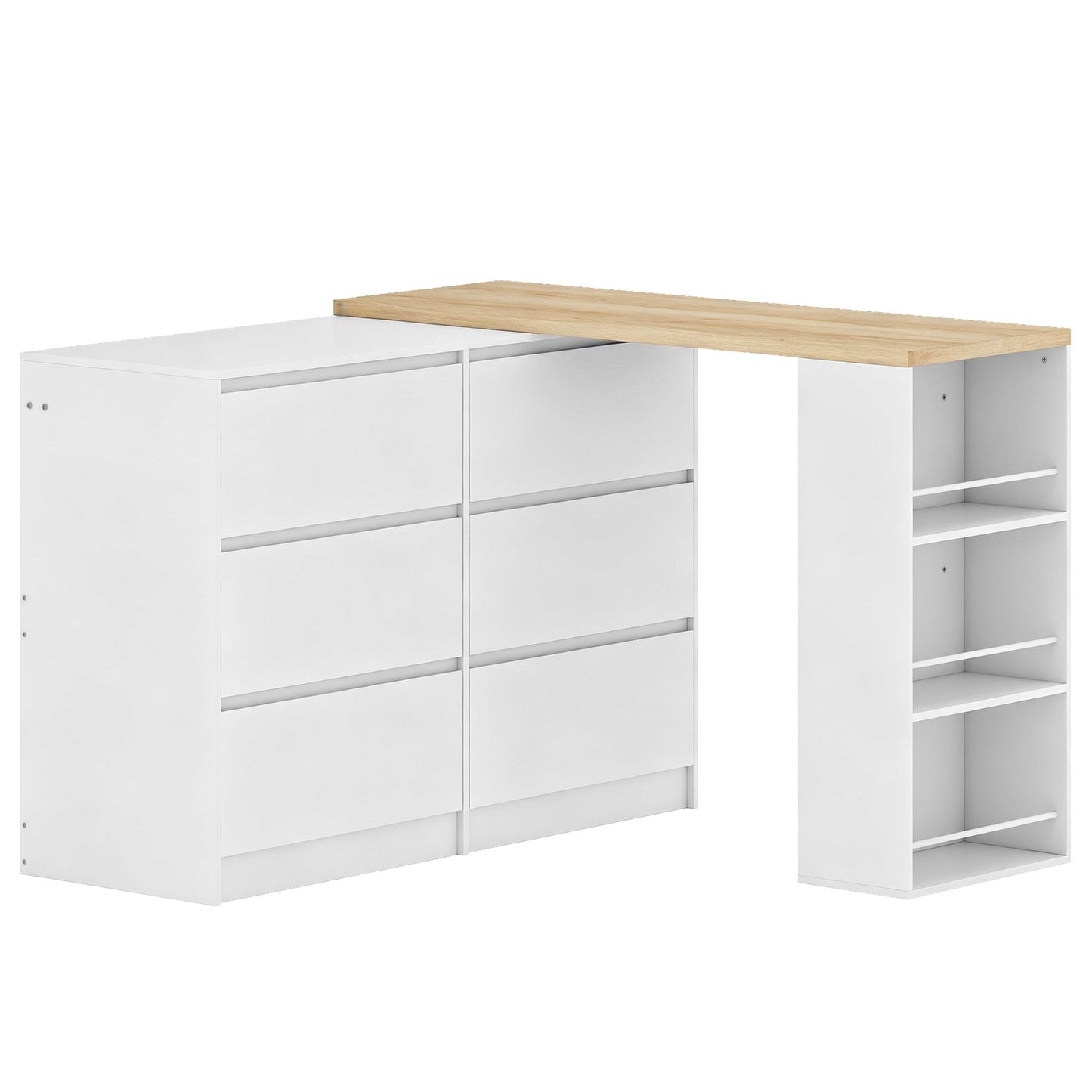 Dressing Table with 6 Drawers, 3-Tier Shelf, Straight or L-Shaped Layout, Makeup Desk for Bedroom, White