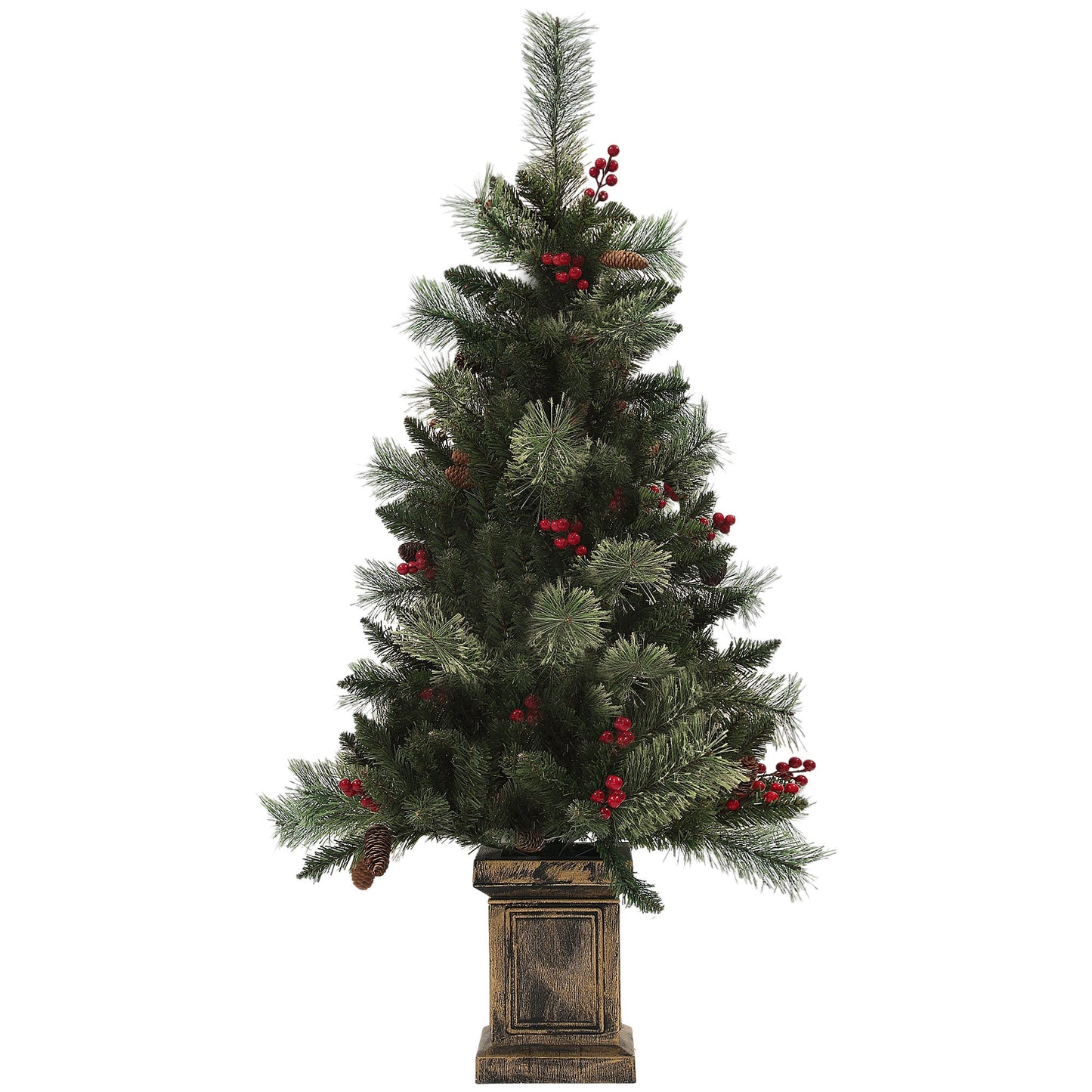 1.2m/4ft Artificial Christmas Tree with 100 Warm White LED Lights and 8 Modes, Small Xmas Tree with Red Berries, Pine Cones and Retro Base, Green