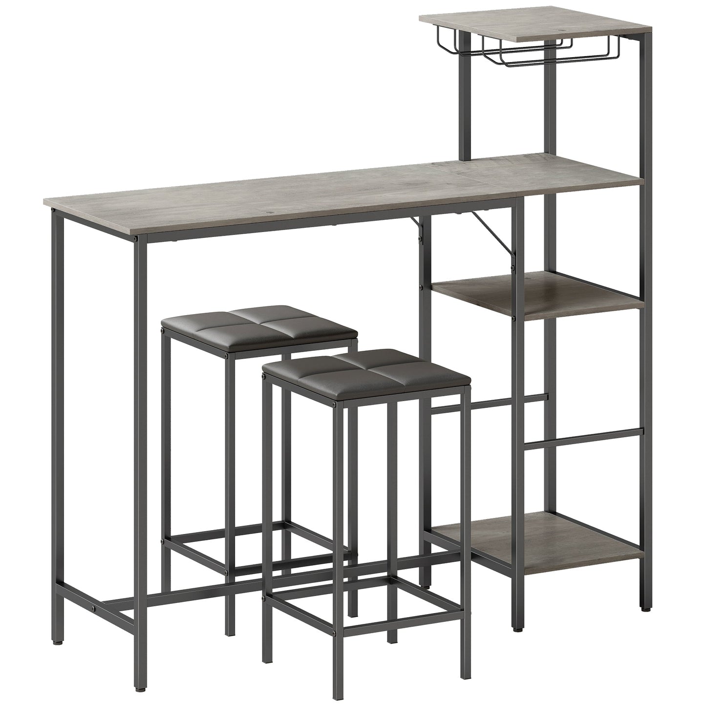 3 Piece Breakfast Bar Table and Stools Set, Dining Table with 4-tier shelving and Glasses Holders, 2 PU Leather Bar Stools with Footrest for Kitchen, Dining Room, Pub, Washed Grey