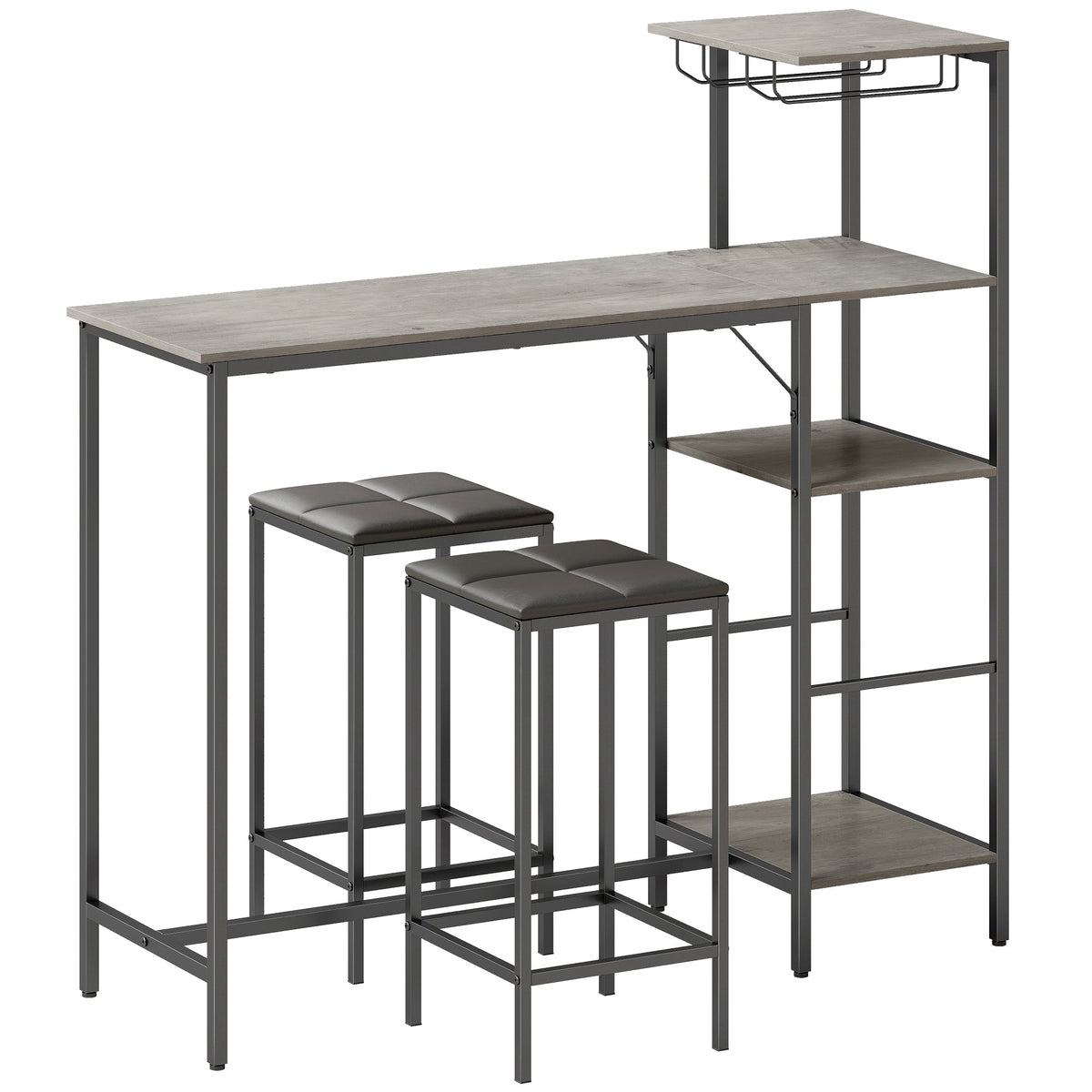 3 Piece Breakfast Bar Table and Stools Set, Dining Table with 4-tier shelving and Glasses Holders, 2 PU Leather Bar Stools with Footrest for Kitchen, Dining Room, Pub, Washed Grey
