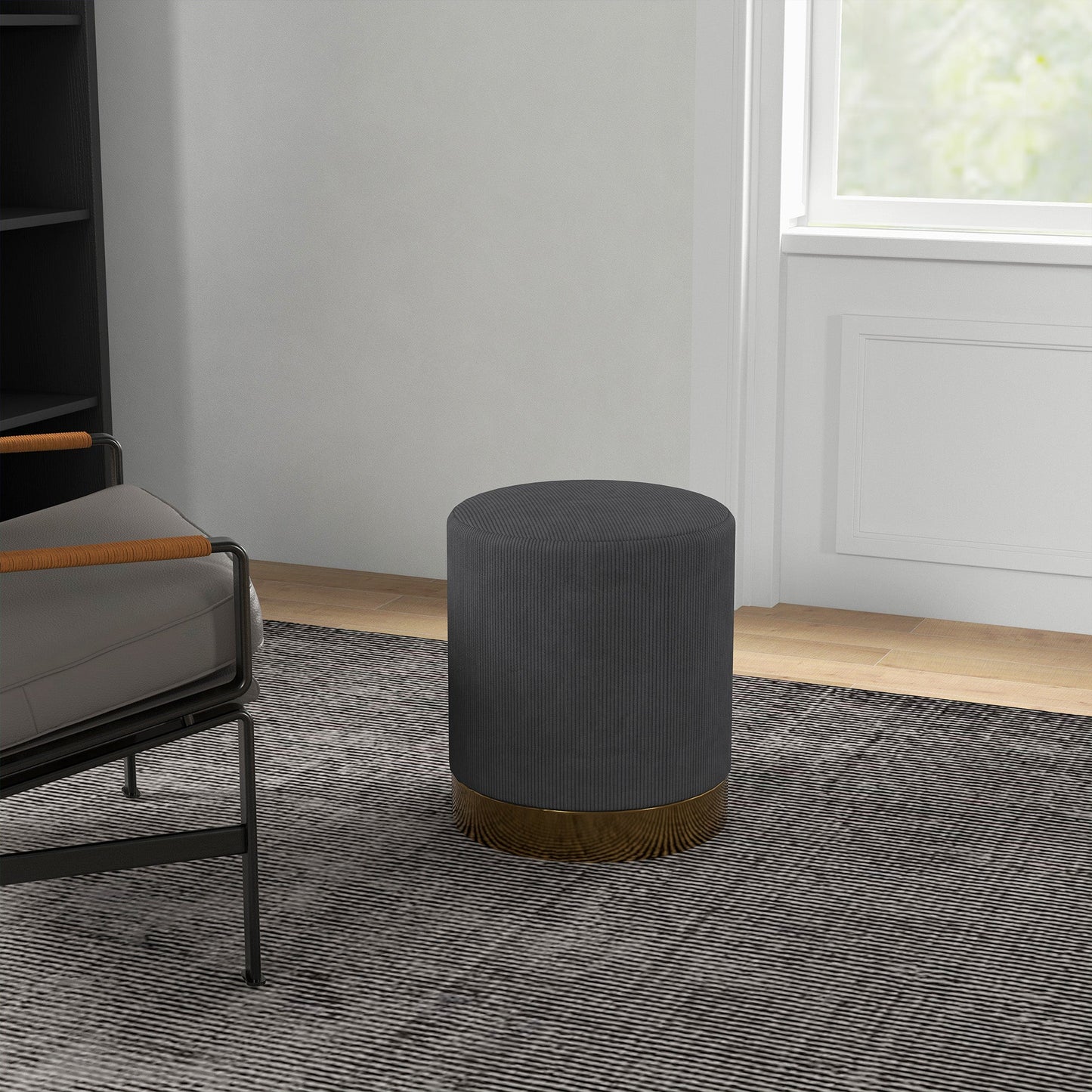 HOMCOM Modern Round Footstool, Corduroy Fabric Upholstered Foot Stool with Padded Seat for Living Room, Entryway, Charcoal Grey