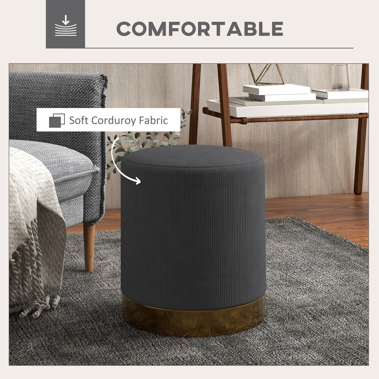 HOMCOM Modern Round Footstool, Corduroy Fabric Upholstered Foot Stool with Padded Seat for Living Room, Entryway, Charcoal Grey