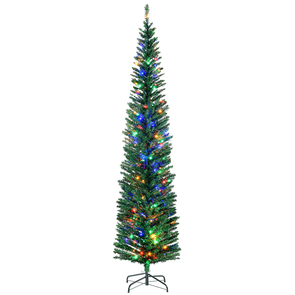 7.5ft Pre Lit Artificial Christmas Tree Holiday Décor with 200 Colourful LED Lights and 529 Tips, Pencil Shape, Steel Base