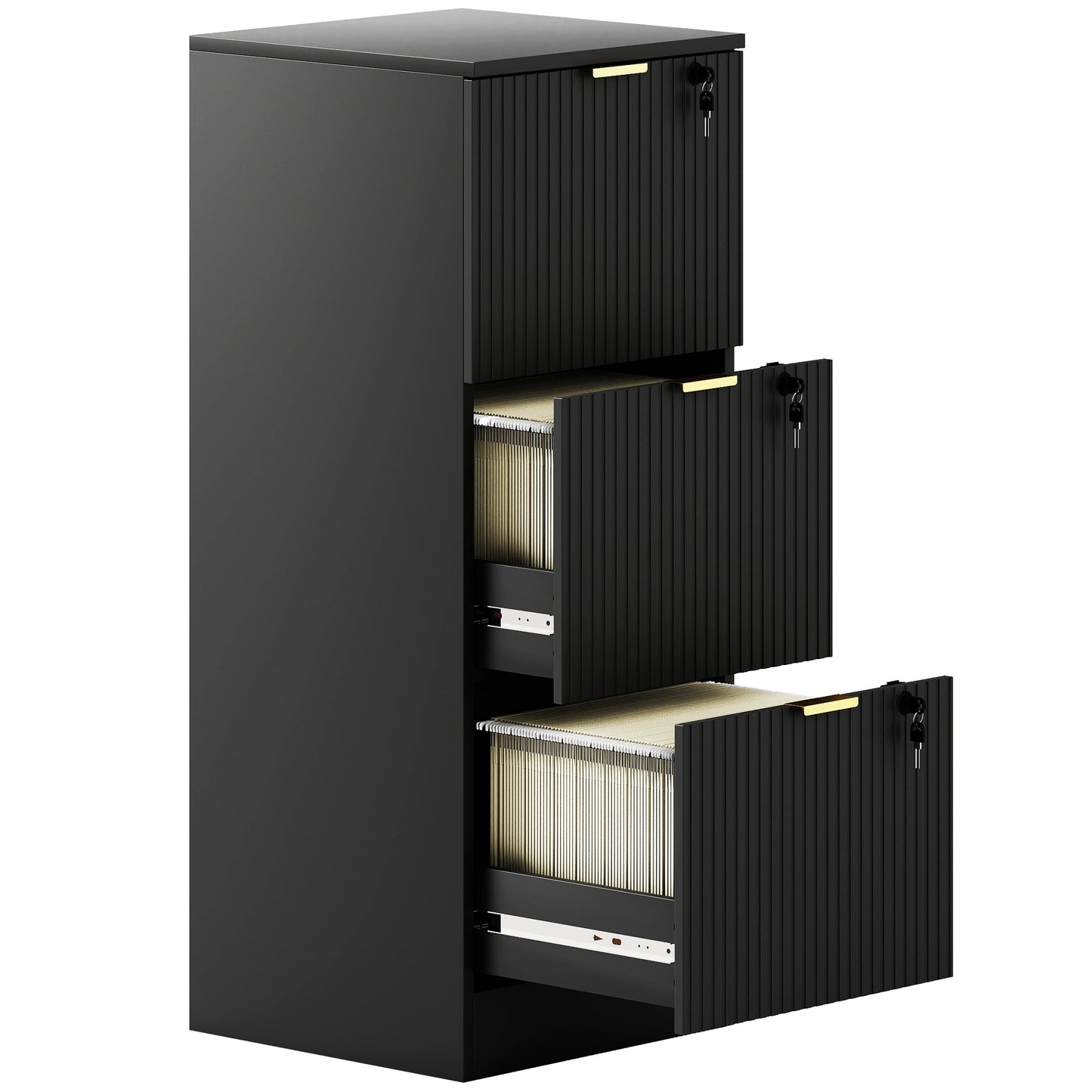 3 Drawer Filing Cabinet, Fluted Vertical File Cabinet with Lock and Adjustable Hanging Rails for A4 and Letter Size Files, Printer Stand with Storage, Black