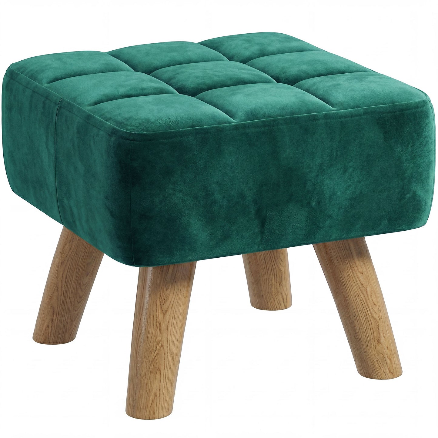 Modern Tufted Footstool, Fabric Foot Stool with Rubber Wood Legs, Padded Seat, for Living Room, Bedroom, Entryway, Dark Green