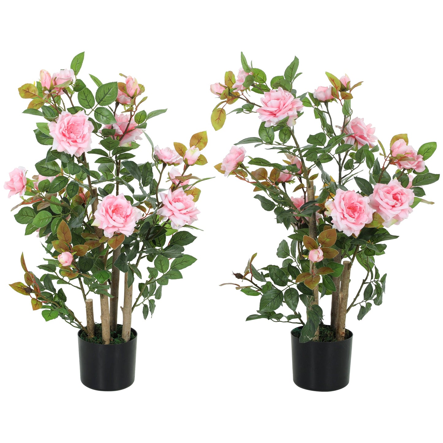 90cm Artificial Rose Tree Set of 2, Decorative Fake Plant with 344 Silk Leaves and 17 Flowers, UV-Resistant Faux Tree for Outdoor Indoor Garden Porch Decor, Pink