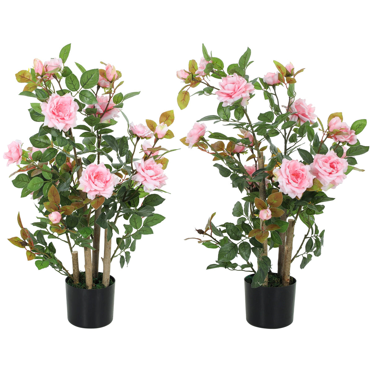 90cm Artificial Rose Tree Set of 2, Decorative Fake Plant with 344 Silk Leaves and 17 Flowers, UV-Resistant Faux Tree for Outdoor Indoor Garden Porch Decor, Pink