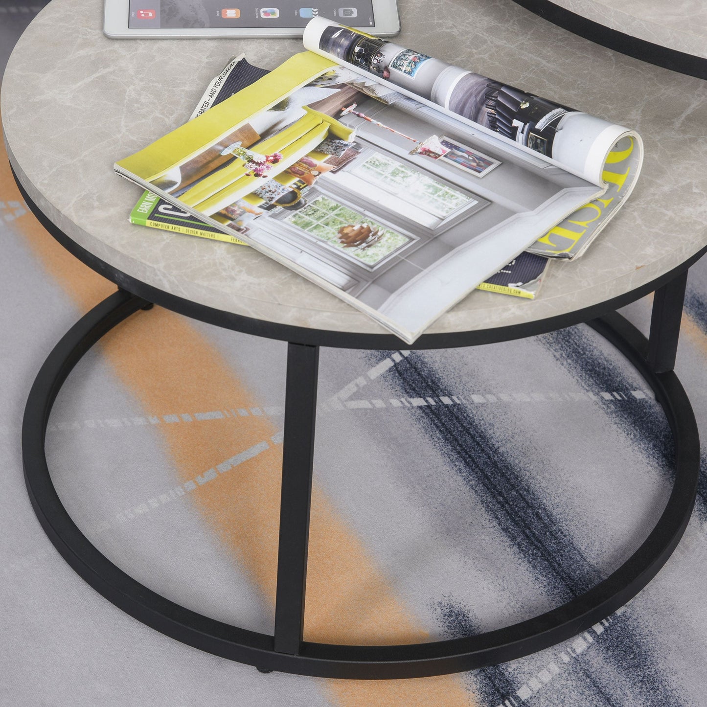 HOMCOM Nest of Tables, Round Coffee Table Set of 2, Coffee Tables with Steel Frame for Living Room, Marble Grey