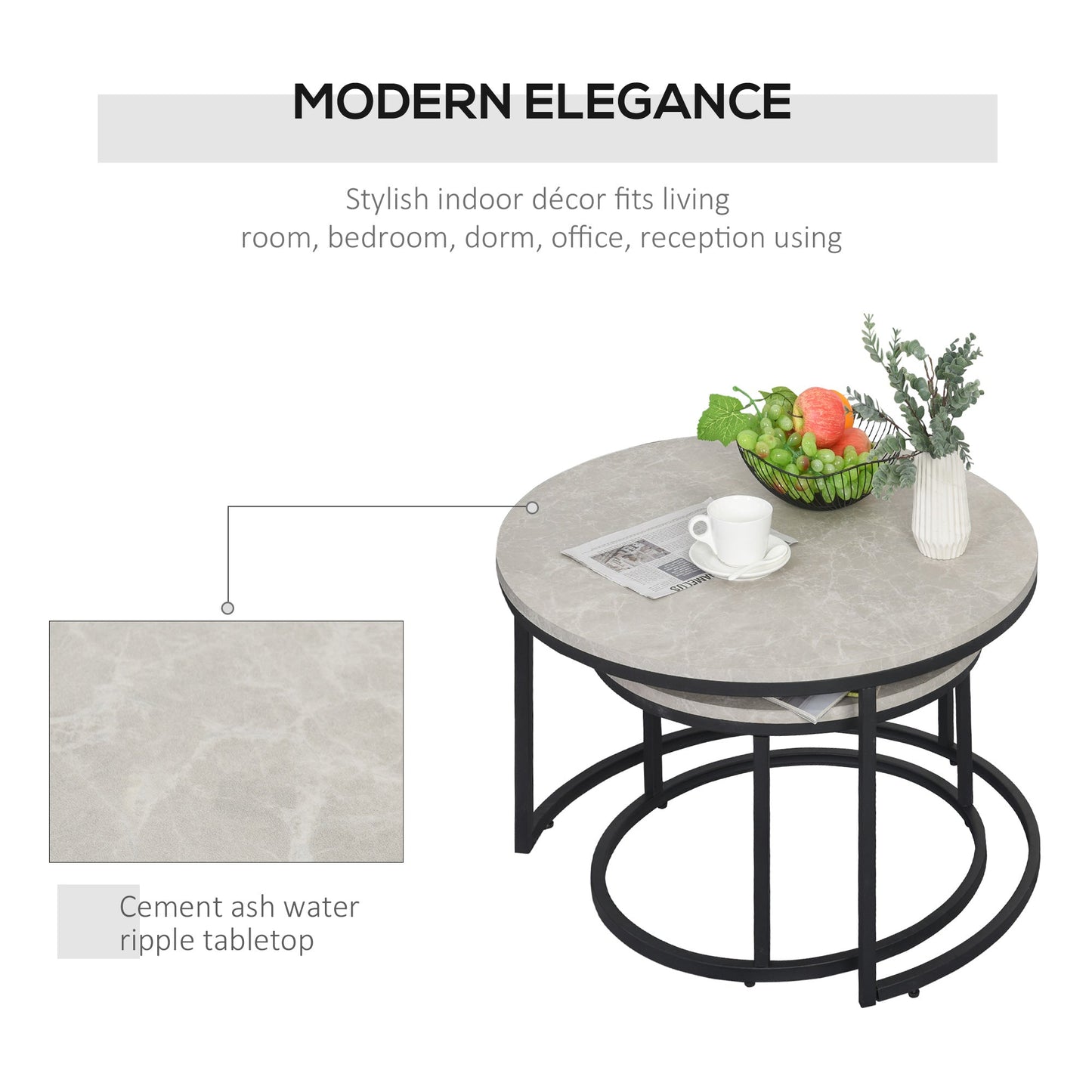 HOMCOM Nest of Tables, Round Coffee Table Set of 2, Coffee Tables with Steel Frame for Living Room, Marble Grey