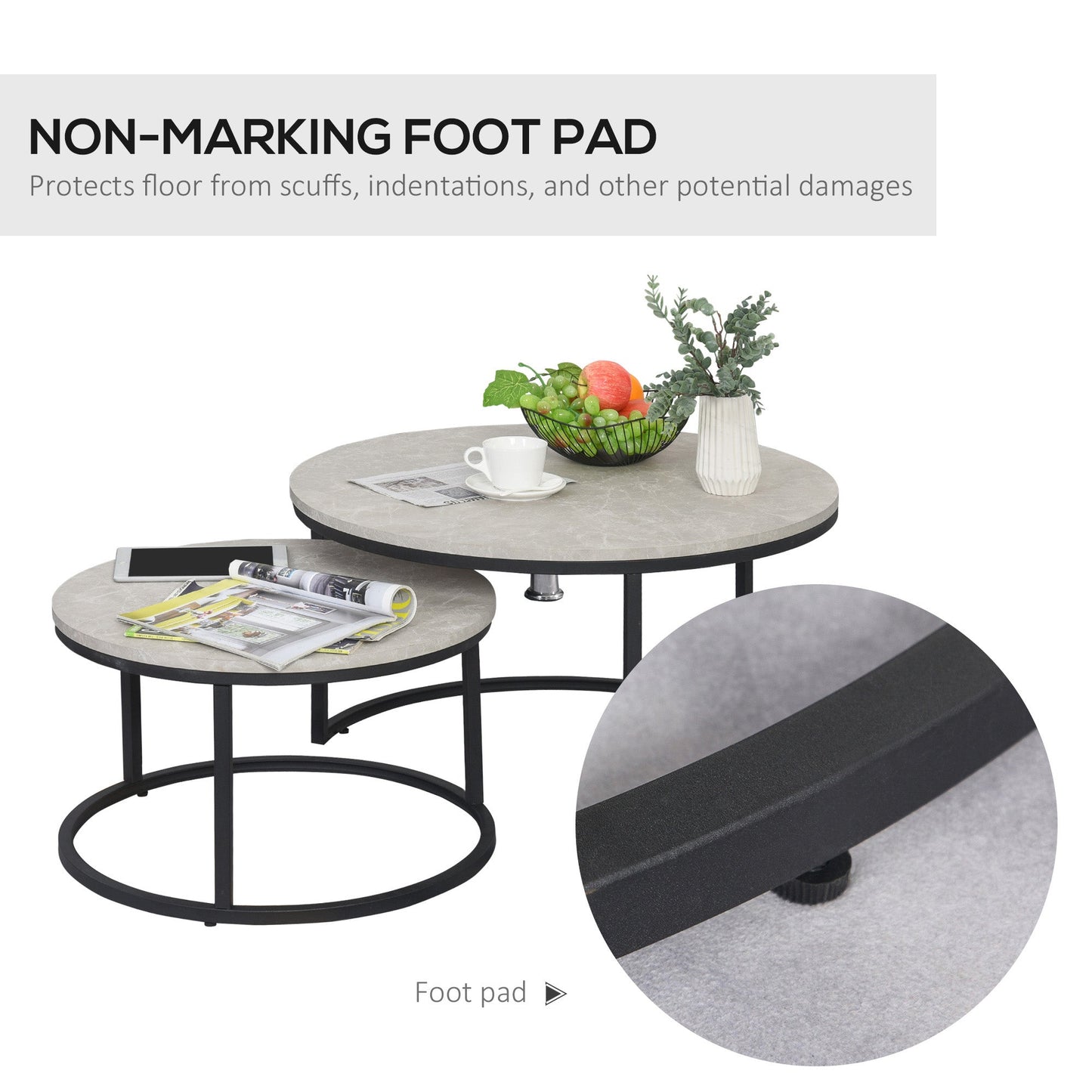 HOMCOM Nest of Tables, Round Coffee Table Set of 2, Coffee Tables with Steel Frame for Living Room, Marble Grey