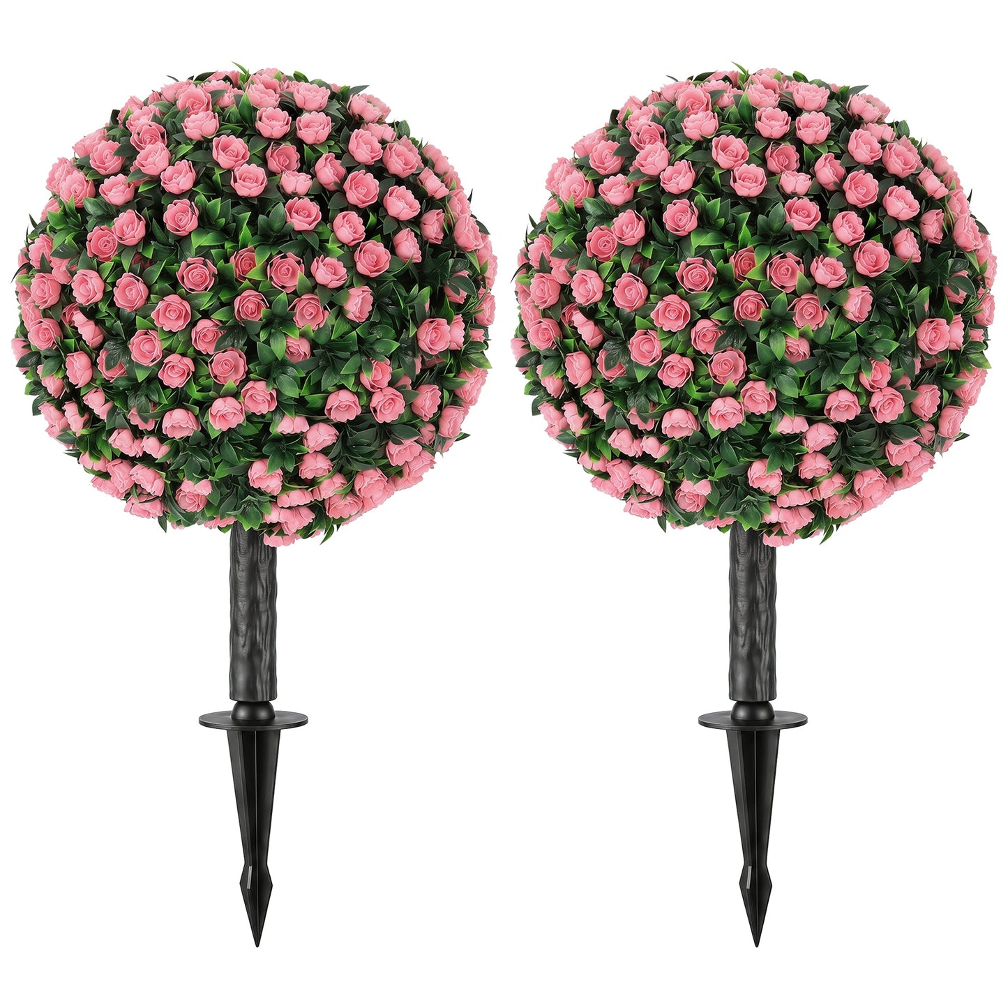 Set of 2 55 cm Artificial Rose Topiary with Ground Stake, UV-Resistant Fake Plants with 306 Roses and Leaves for Indoor Outdoor Home Office Garden Decor, Pink