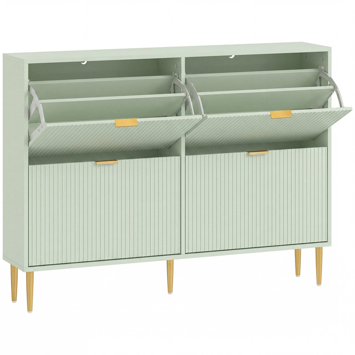 Narrow Shoe Cabinet with 4 Flip Drawers, Modern Slim Shoe Storage Cabinet with Fluted Doors and Adjustable Shelves for Hallway, Holds 10-20 Pairs, Light Green