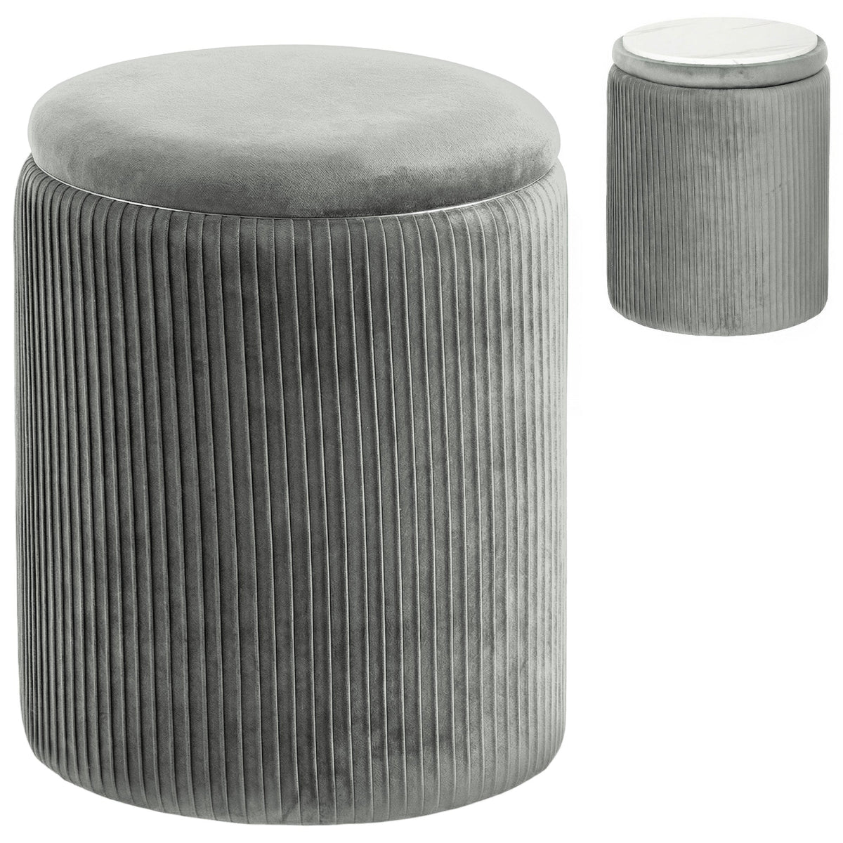 Round Storage Ottoman, Velvet-feel Fabric Upholstered Foot Stool with Removable Top, Padded Seat and Hidden Space for Living Room, Bedroom, Grey