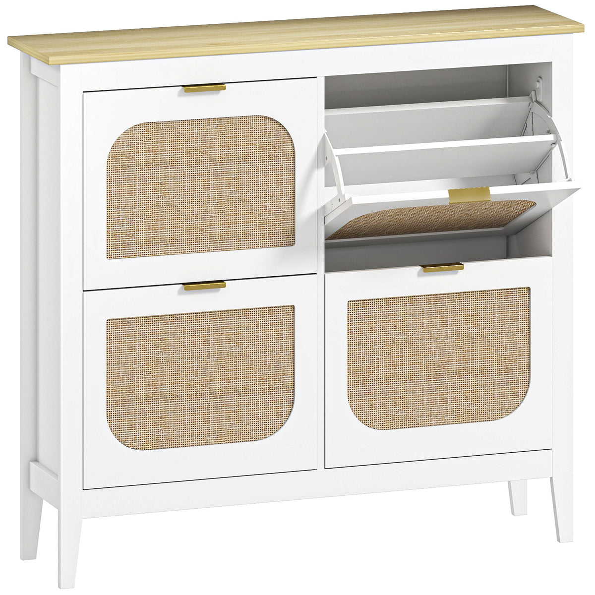 Shoe Storage Cabinet with 4 Flip Drawers, Boho Slim Shoe Cabinet with Rattan Doors for Entryway, Hallway, Holds 20 Pairs, White
