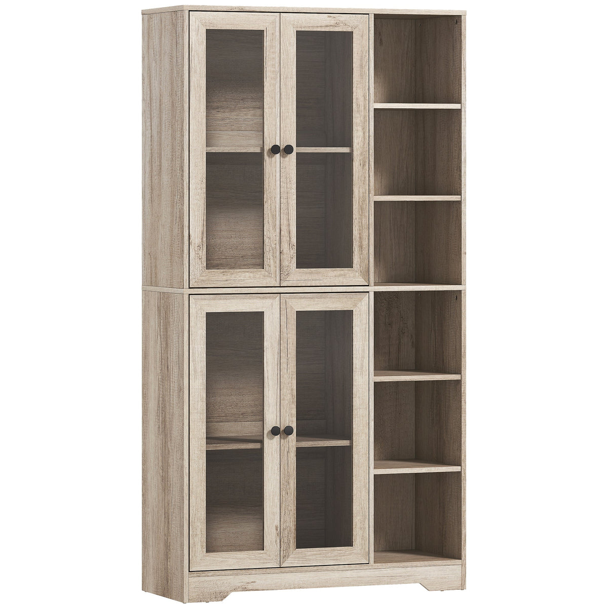 172 cm Tall Kitchen Cupboard, Pantry Storage Cabinet with Tempered Glass Doors and Soft-Close Hinges, Freestanding Kitchen Cabinet with Adjustable Shelves and 6 Open Shelves, Light Grey