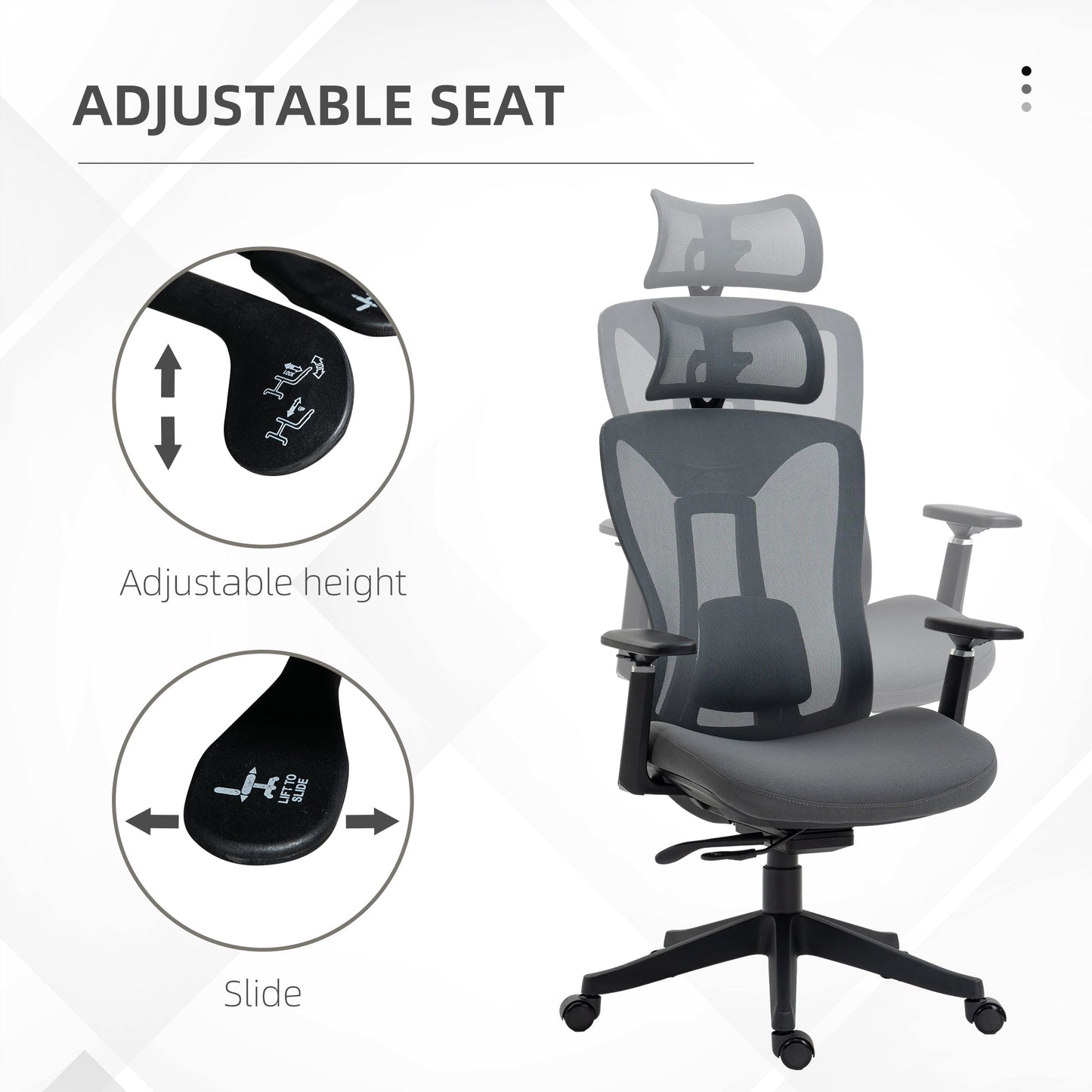 Vinsetto Mesh Office Chair, Ergonomic Desk Chair, Computer Chair with Adjustable Headrest and Lumbar Support, 135° Reclining Back and 3D Armrest for Home Office Study, Grey