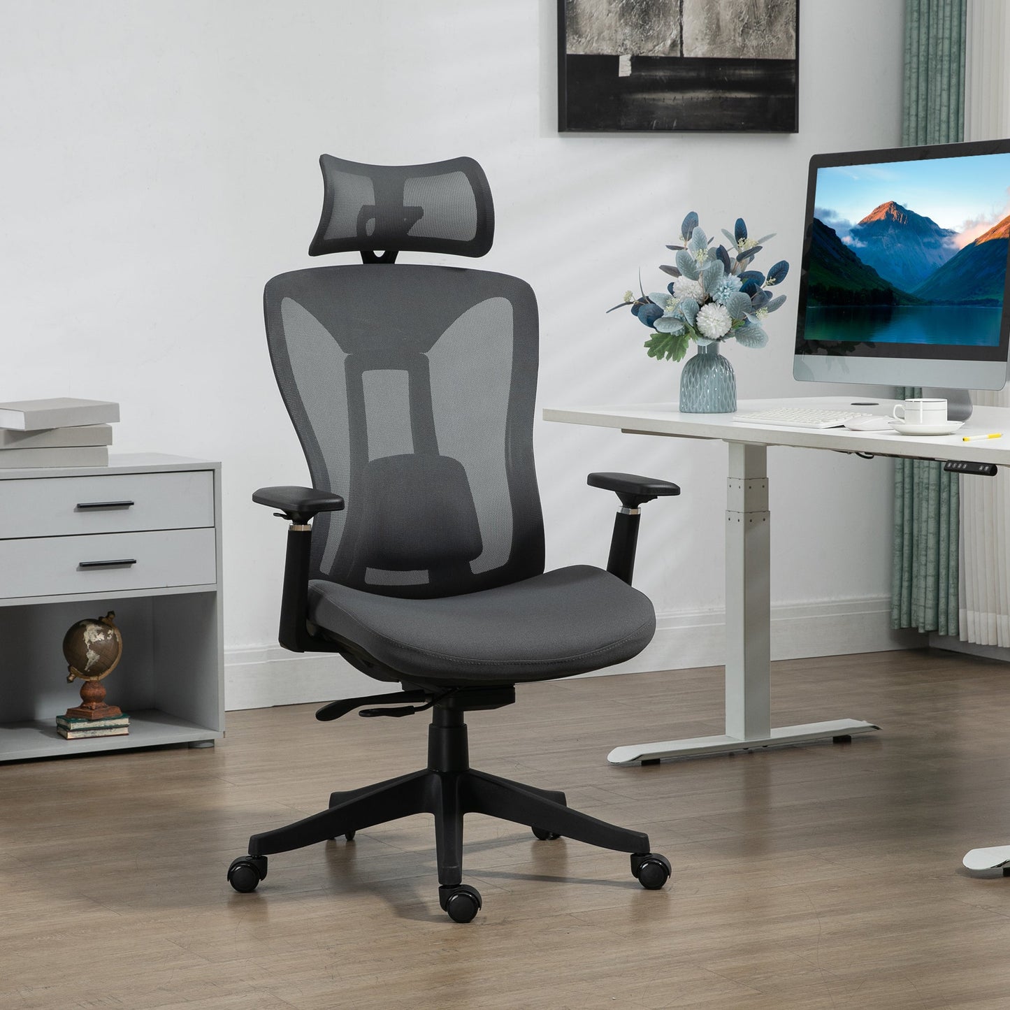 Vinsetto Mesh Office Chair, Ergonomic Desk Chair, Computer Chair with Adjustable Headrest and Lumbar Support, 135° Reclining Back and 3D Armrest for Home Office Study, Grey