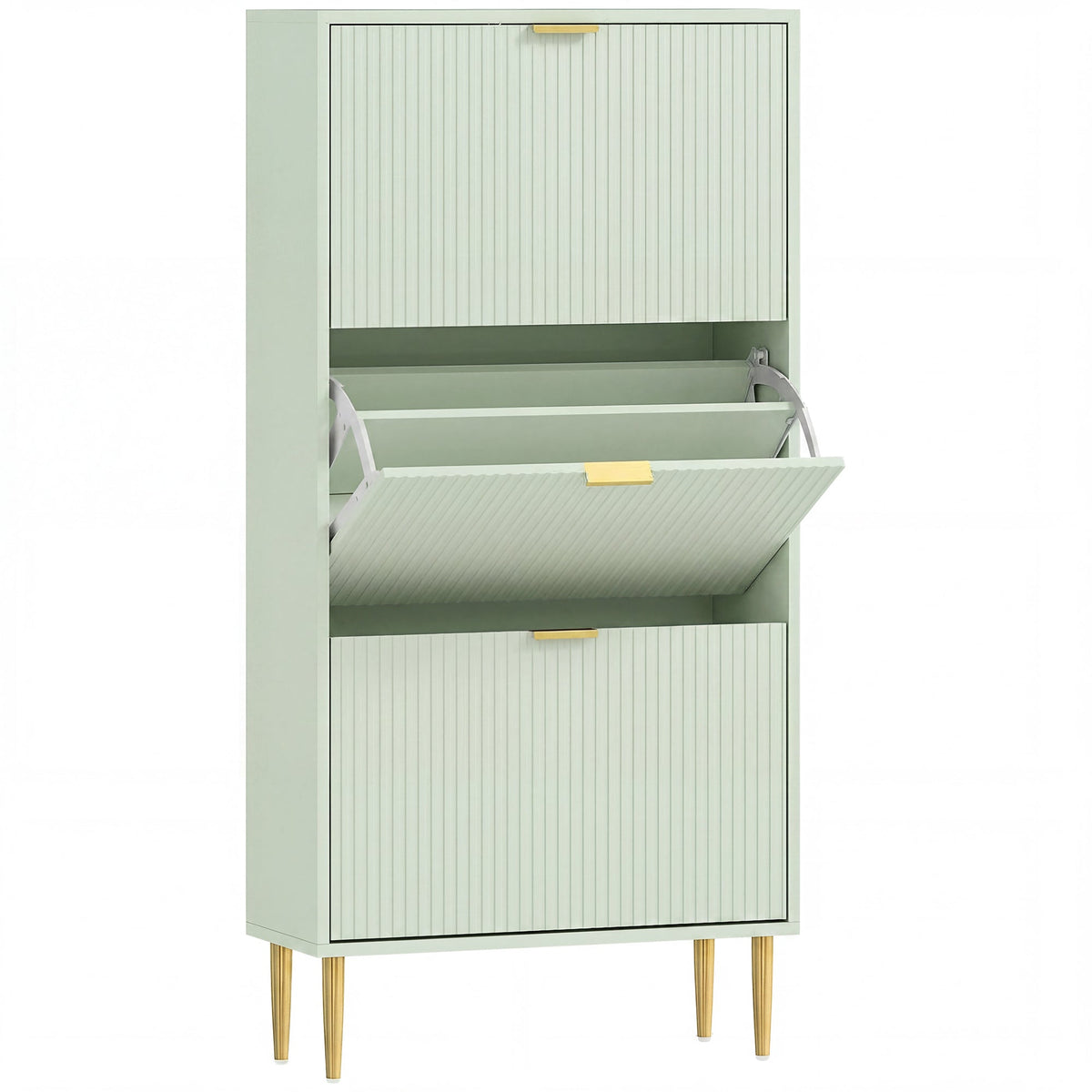 Narrow Shoe Cabinet with 3 Flip Drawers, Modern Slim Shoe Storage Cabinet with Fluted Doors and Adjustable Shelves for Hallway, Holds 9-18 Pairs, Light Green