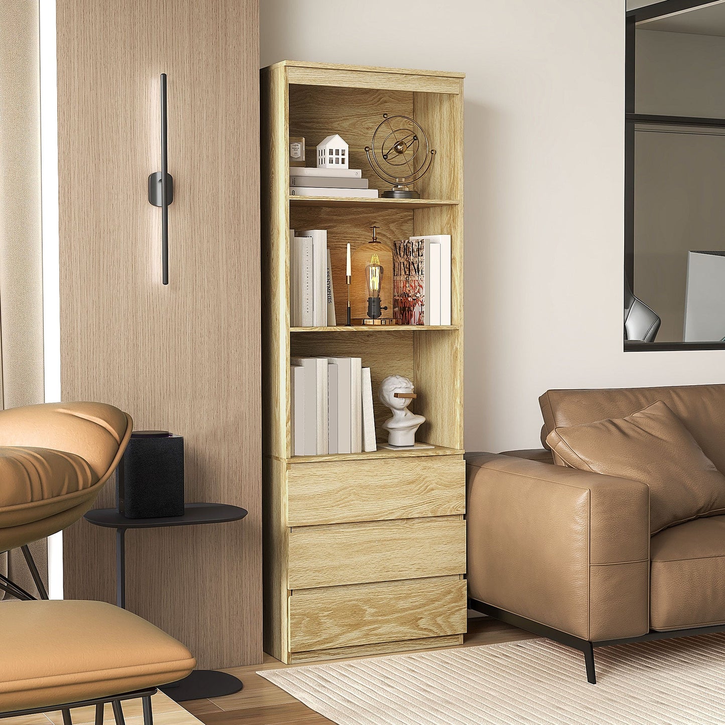 HOMCOM 180cm Tall Bookcase with Storage, Free Standing Bookshelf with 3 Shelves and 3 Drawers, Display Cabinet for Living Room, Home Office, Bedroom, Oak Wood Effect