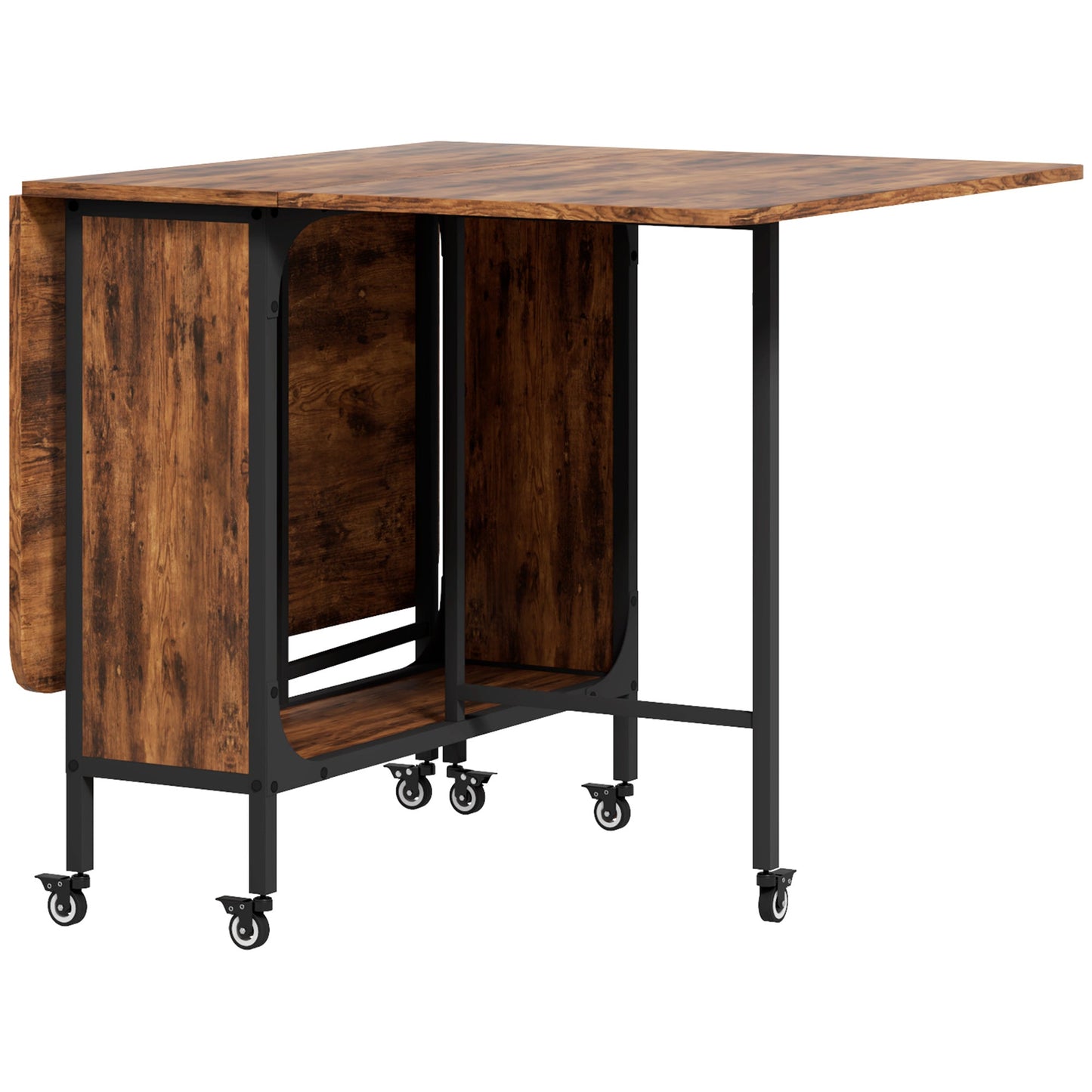 Mobile Drop Leaf Table, Folding Dining Table with 6 Wheels & Storage Shelf for Small Spaces, Kitchen, Dining Room, Rustic Brown
