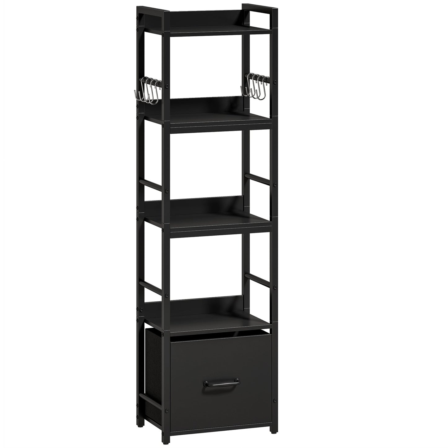 4-Tier Bookshelf, Narrow Bookcase with Drawer, 8 Hooks, Metal Frame, Shelving Unit for Living Room, Bedroom, Home Office, 39 x 26 x 136.5 cm, Black