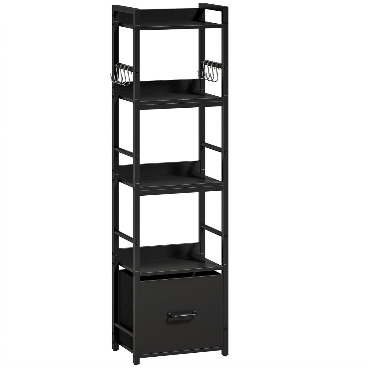 4-Tier Bookshelf, Narrow Bookcase with Drawer, 8 Hooks, Metal Frame, Shelving Unit for Living Room, Bedroom, Home Office, 39 x 26 x 136.5 cm, Black