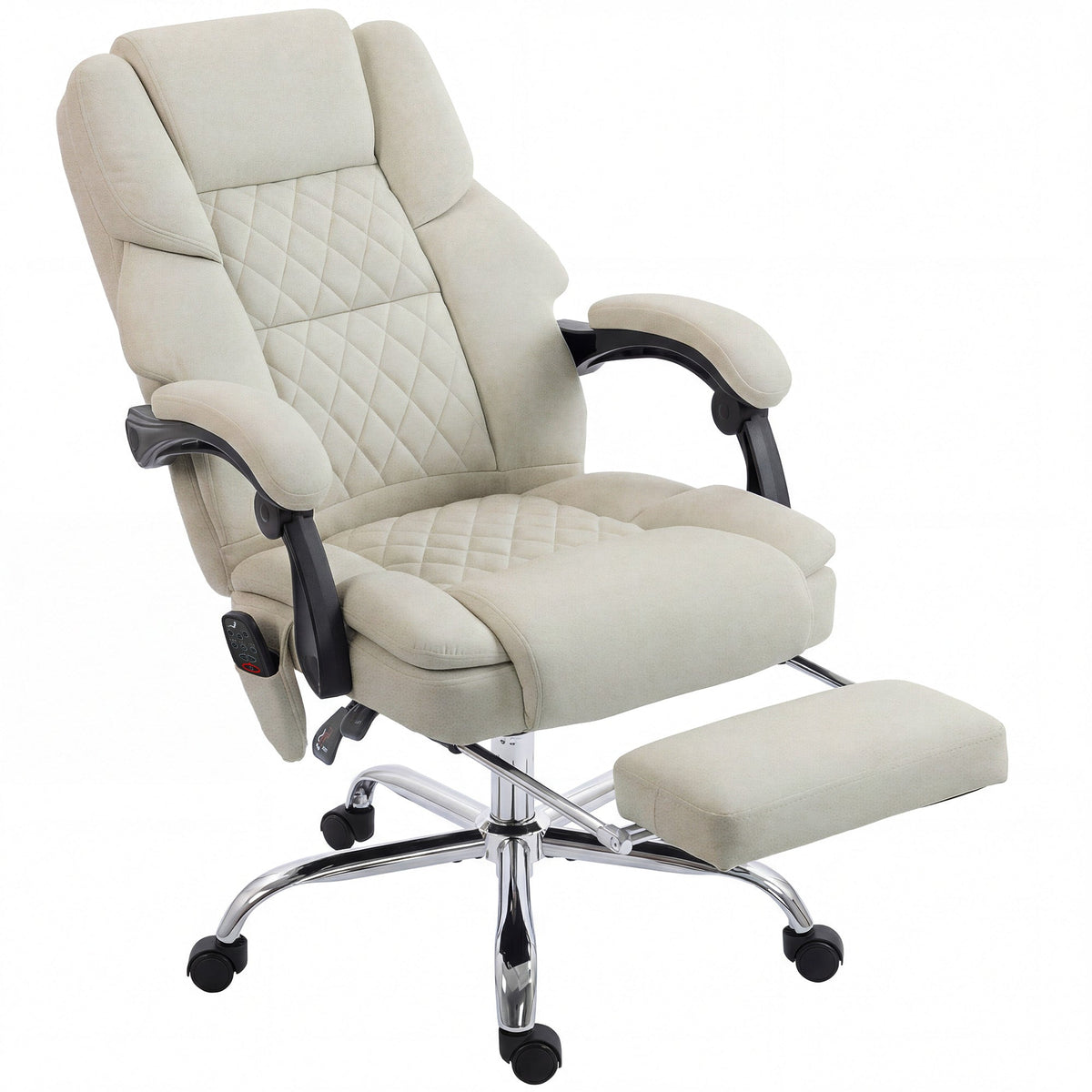 Office Chair with 6-point Vibration Massage and Heat, Velvet-feel Fabric Desk Chair with Footrest, Linkage Armrests, High Back, Adjustable Height, 135° Reclining for Home Office, Cream White