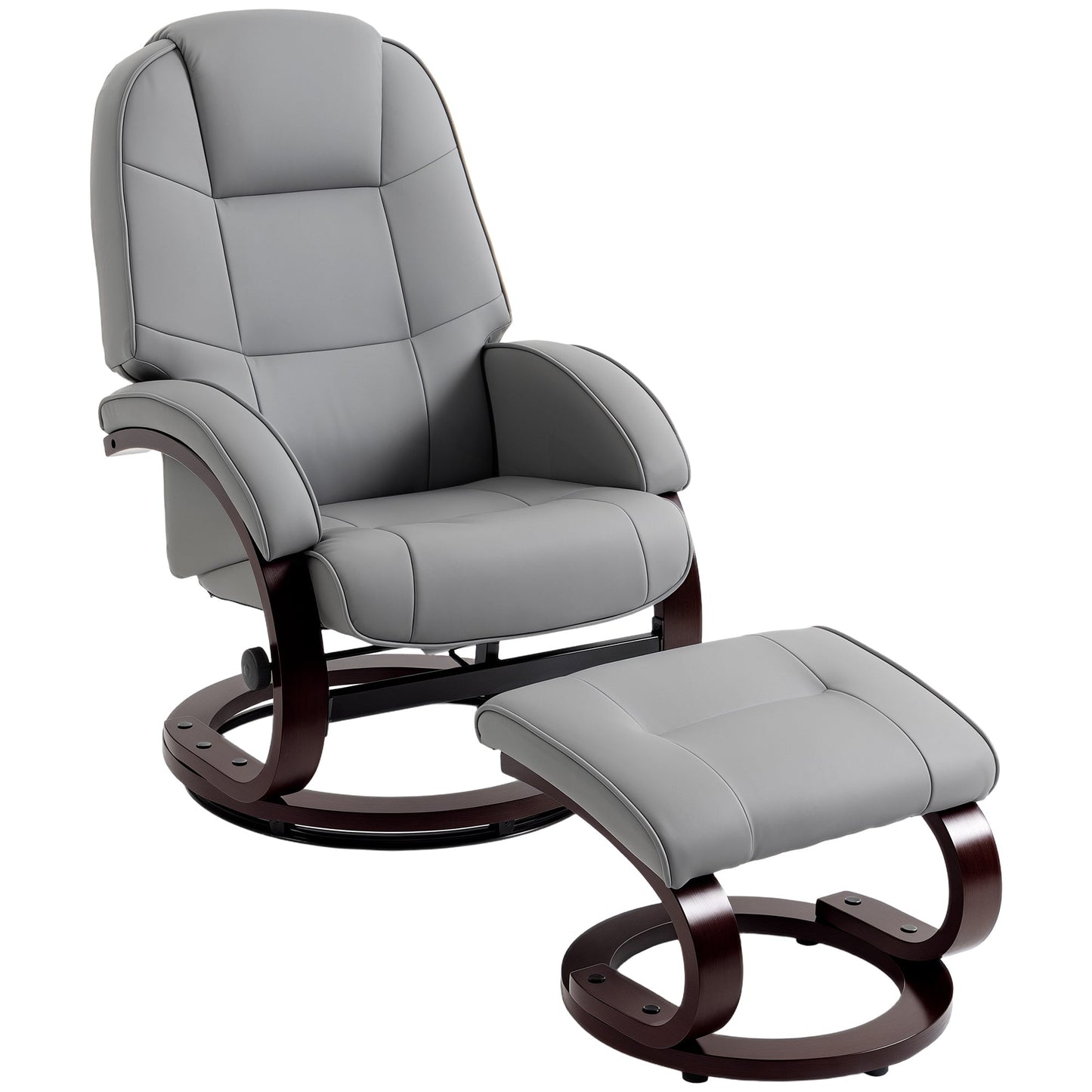 Swivel Recliner Chair with Footstool, PU Leather Recliner Armchair with High Back and Wood Frame, Reclining Chair Lounge with Padded Armrests for Living Room, Grey