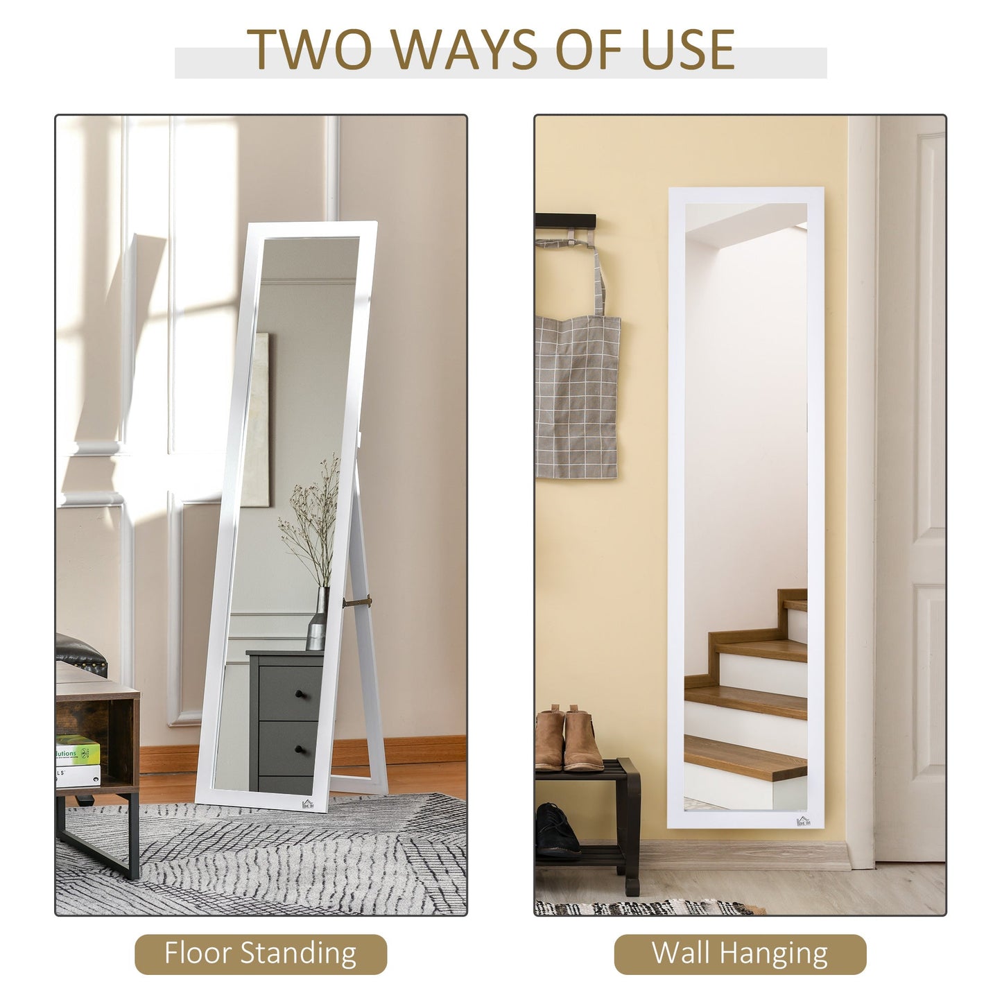 HOMCOM Full Length Mirror, Floor Standing or Wall-Mounted Long Mirror, Rectangular Full Body Mirror for Bedroom, Living Room, White