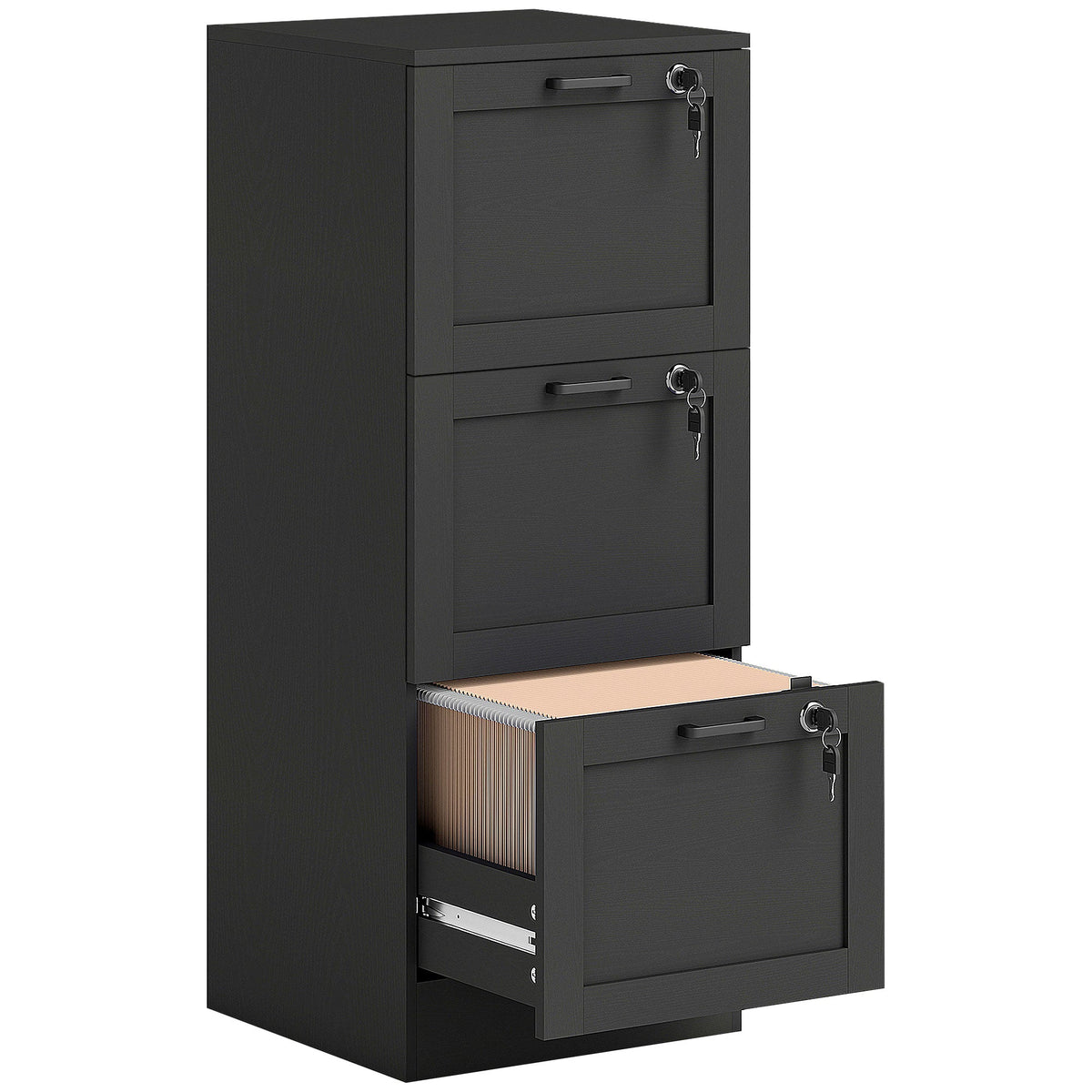 3 Drawer File Cabinet with Lock, Vertical Filing Cabinet with Adjustable Hanging Bars for A4 and Letter Size File Folders, Printer Stand with Storage, Black