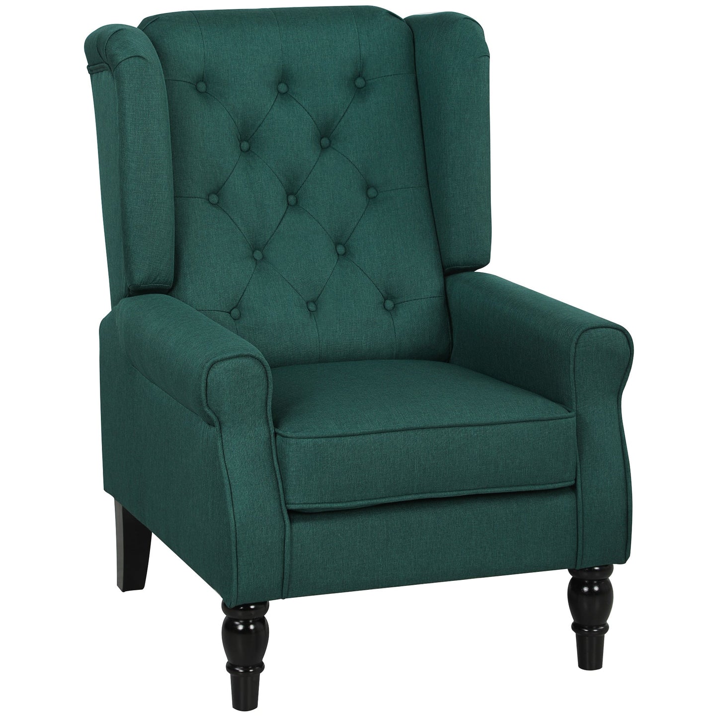 Retro Accent Chair, Linen Wingback Armchair with Wood Frame Button Tufted Design for Living Room Bedroom, Dark Green