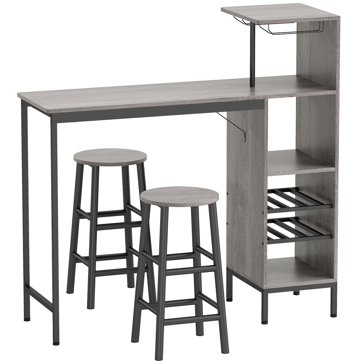 3 Pieces Dining Room Set, 6-Tier Dining Table with Storage Shelves, Wine Racks, Glass Holders, 2 Round Stools with Footrest, for Small Spaces, Kitchen, Dining Room, Natural Wood Finish