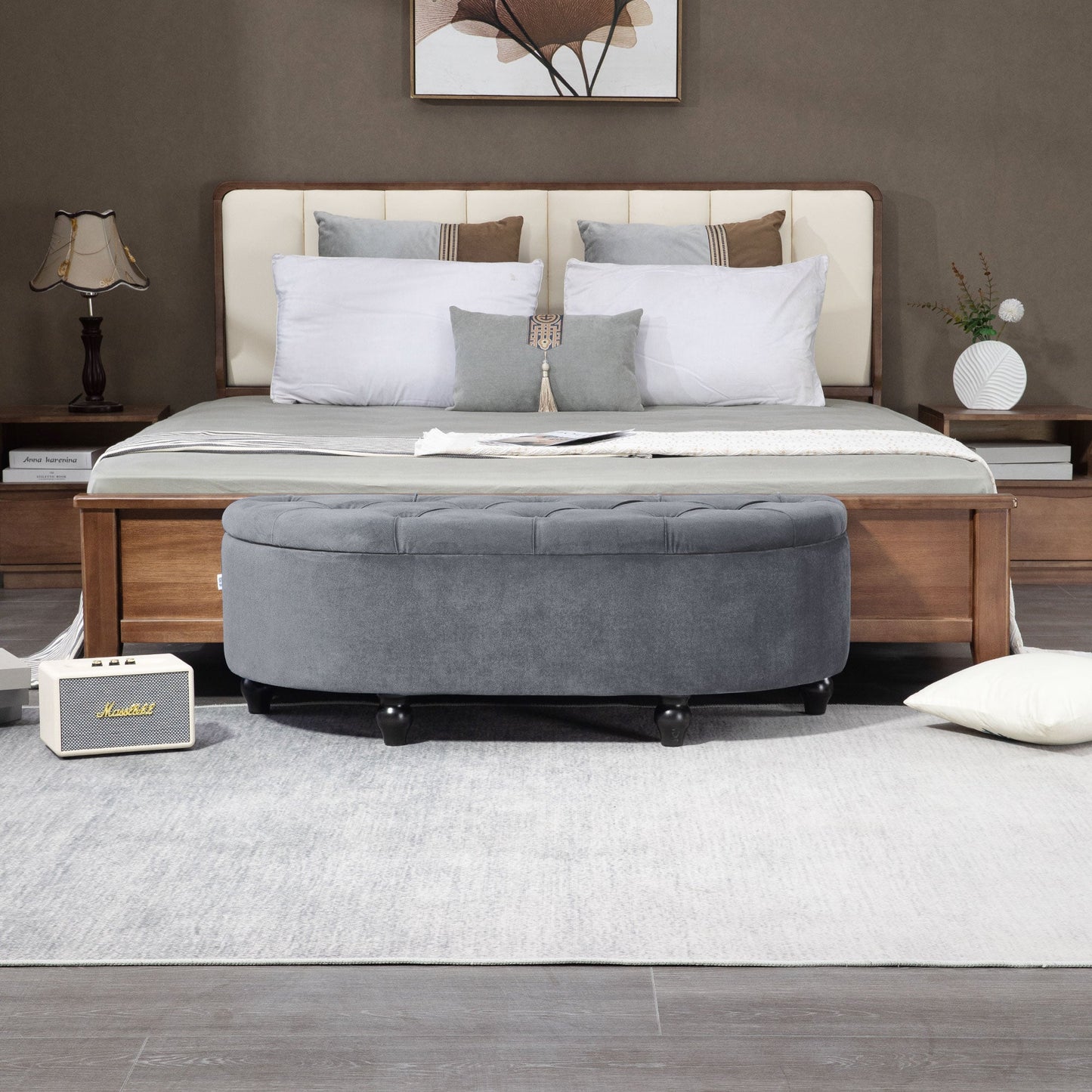 HOMCOM Semi-Circle Bed End Bench Ottoman with Storage Tufted Upholstered Accent Seat Footrest Stool with Rubberwood Legs for Bedroom & Entryway, Dark Grey