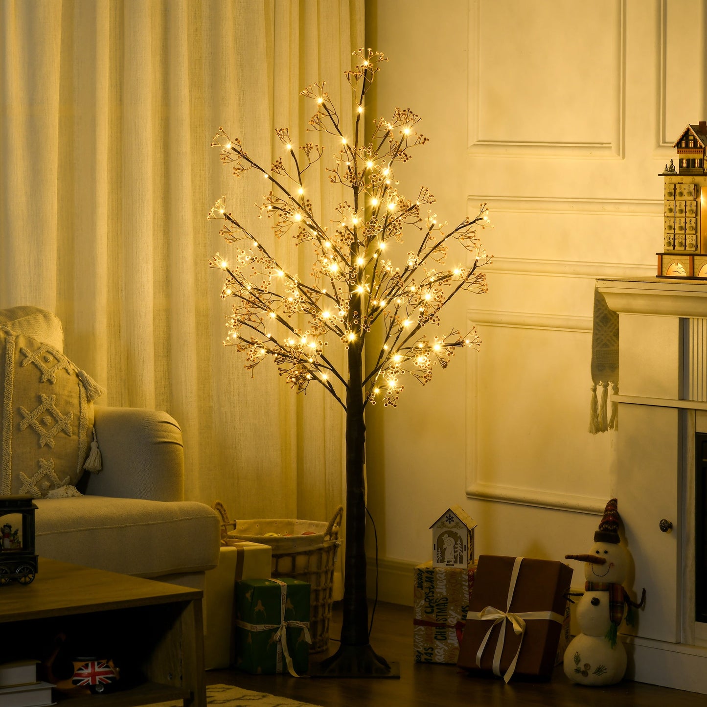 HOMCOM 5ft Artificial Gypsophila Blossom Tree Light with 96 Warm White LED Light, Baby Breath Flowers for Home Party Wedding, Indoor and Outdoor Use