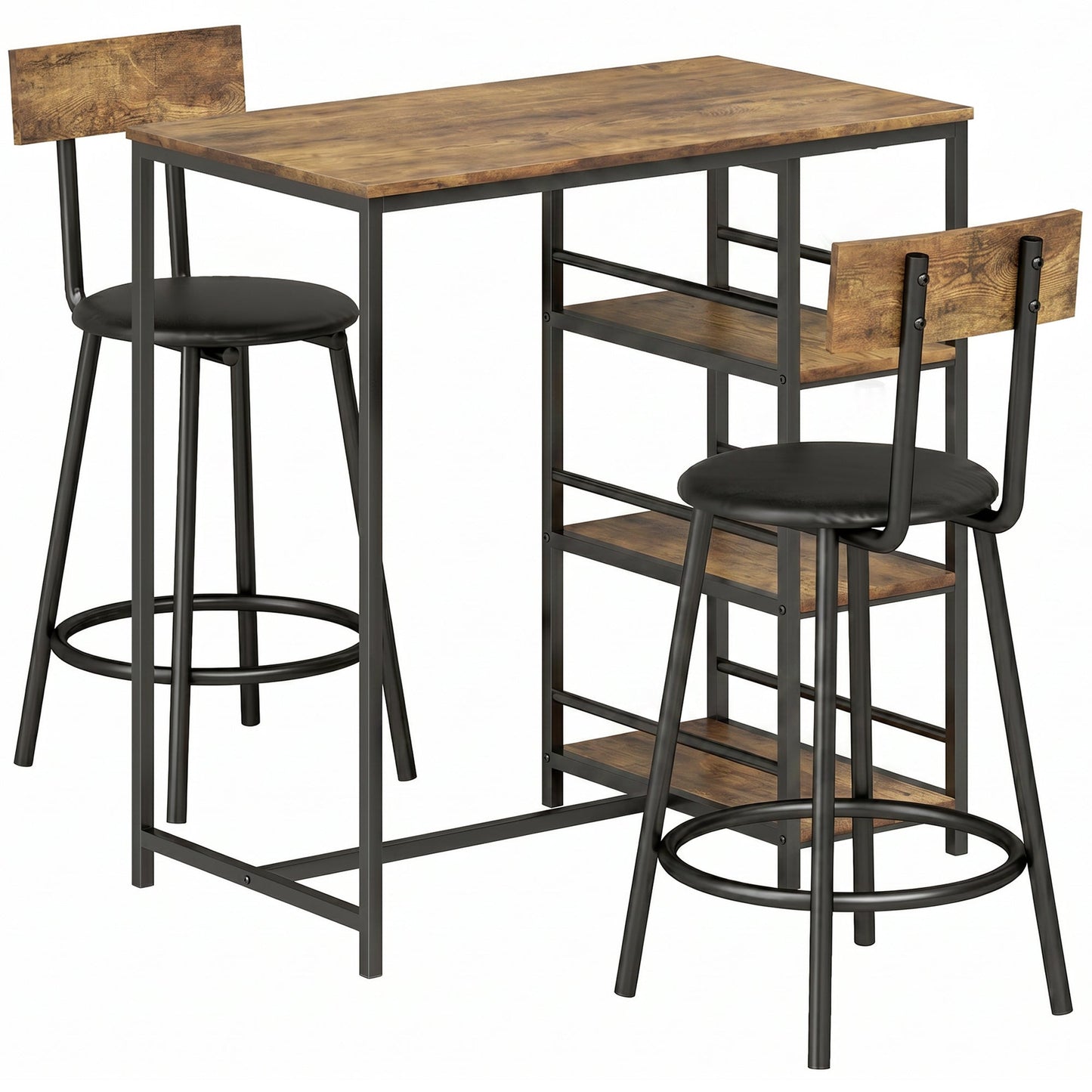 3 Piece Breakfast Bar Table Set, Space Saving Bar Table and PU Leather Stools for 2, Dining Table Set with Storage Shelves, Rustic Brown