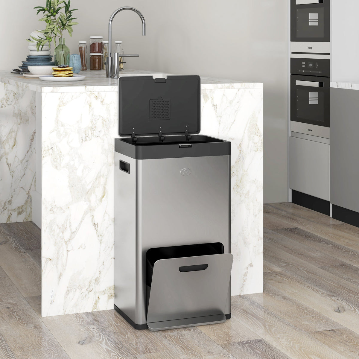 HOMCOM 56L Kitchen Bin, Stainless Steel 3 Compartment Bin with Wheels, Soft Close Lid, Removable Inner Buckets, Fingerprint-Proof for Recycling and Waste, Silver