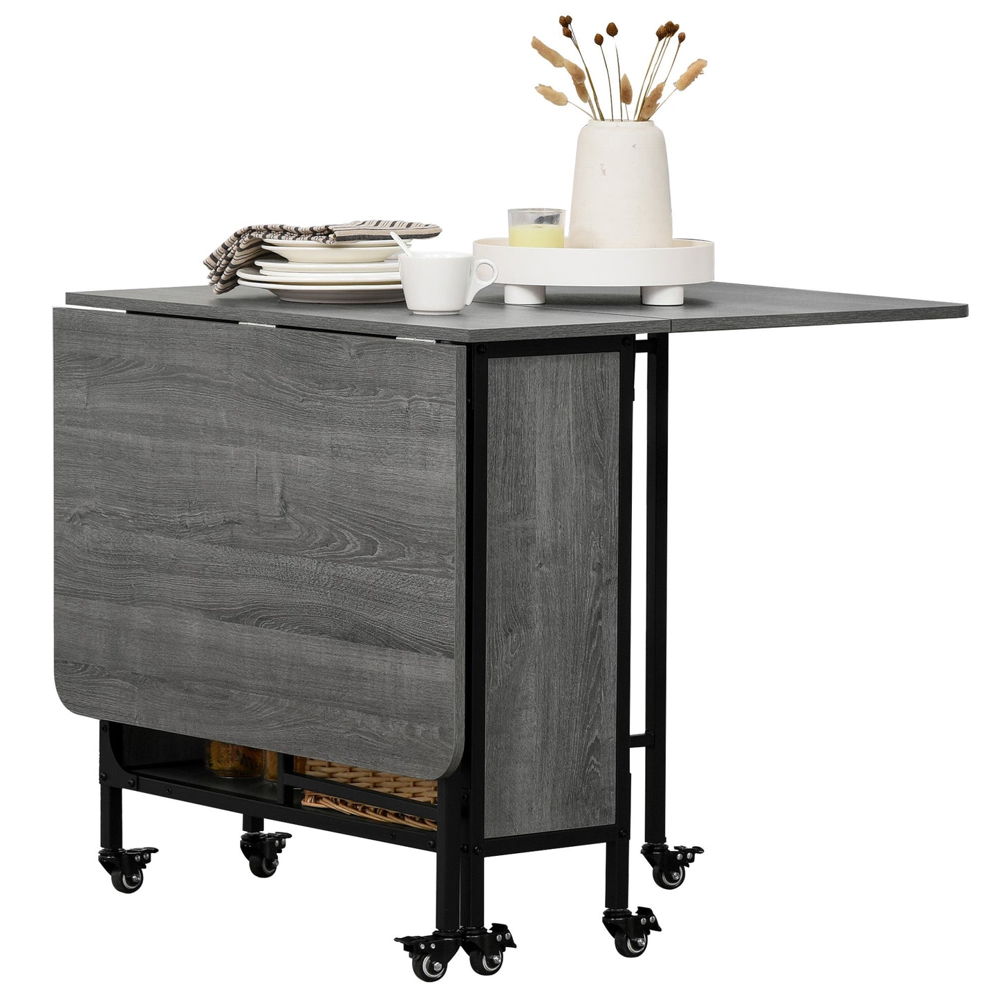 Mobile Drop Leaf Table, Folding Dining Table with 6 Wheels & Storage Shelf for Small Spaces, Kitchen, Dining Room, Grey