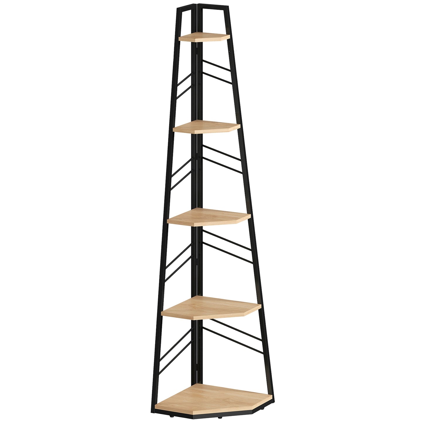 Corner Bookcase, 5-Tier Floor Standing Bookshelf, Shelving Unit for Living Room, Study, Bedroom, Natural Wood Finish