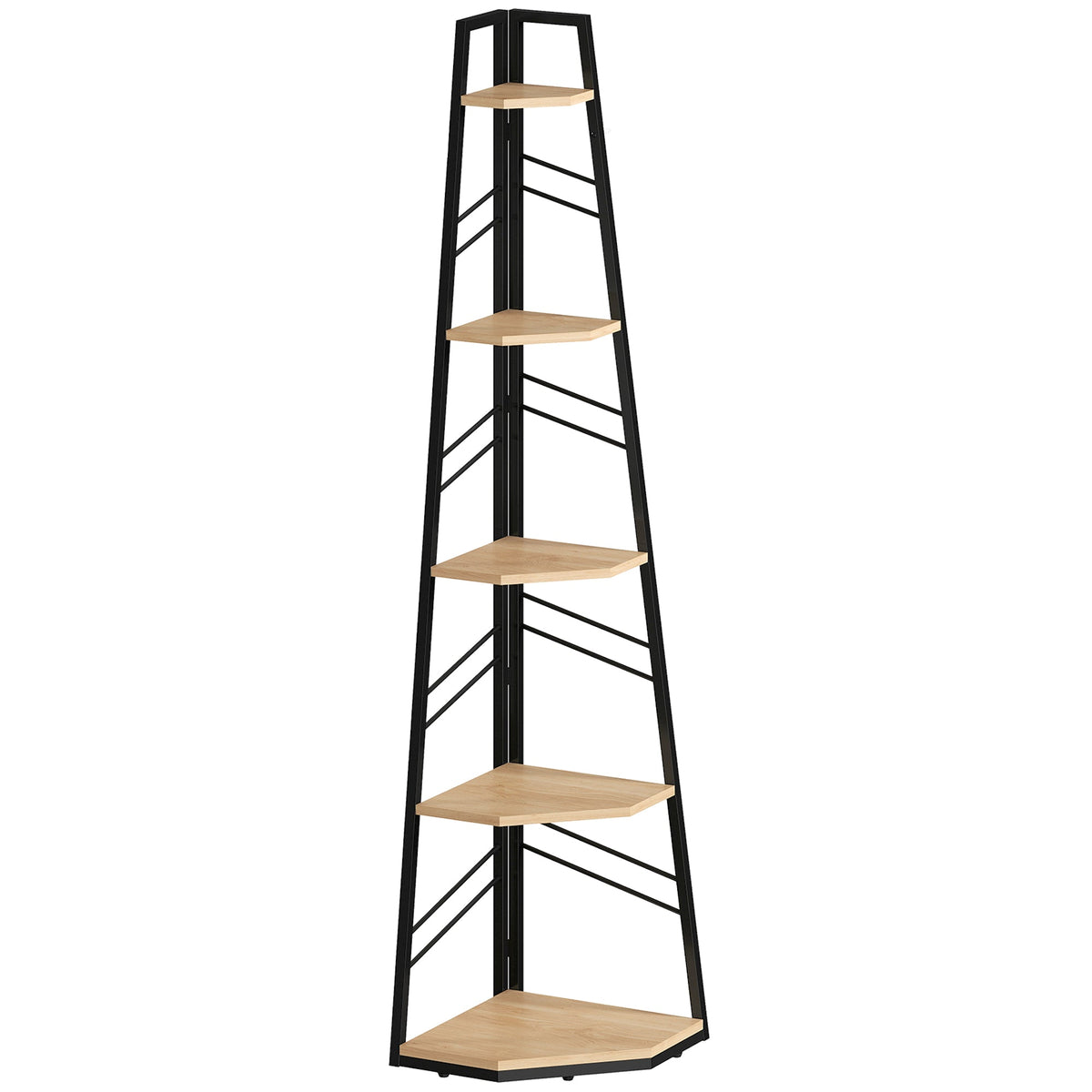 Corner Bookcase, 5-Tier Floor Standing Bookshelf, Shelving Unit for Living Room, Study, Bedroom, Natural Wood Finish