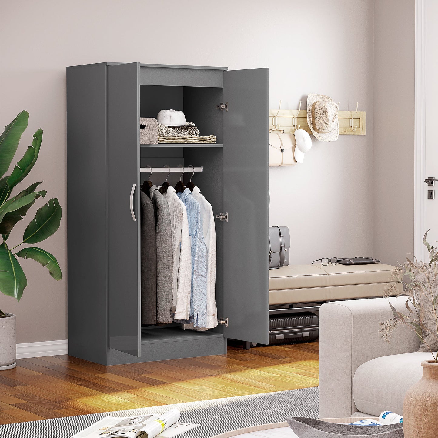 HOMCOM High Gloss Wardrobe, 2 Door Wardrobe with Hanging Rod and Storage Shelf, Clothes Storage Organizer with Anti-tipping Design for Bedroom, Grey