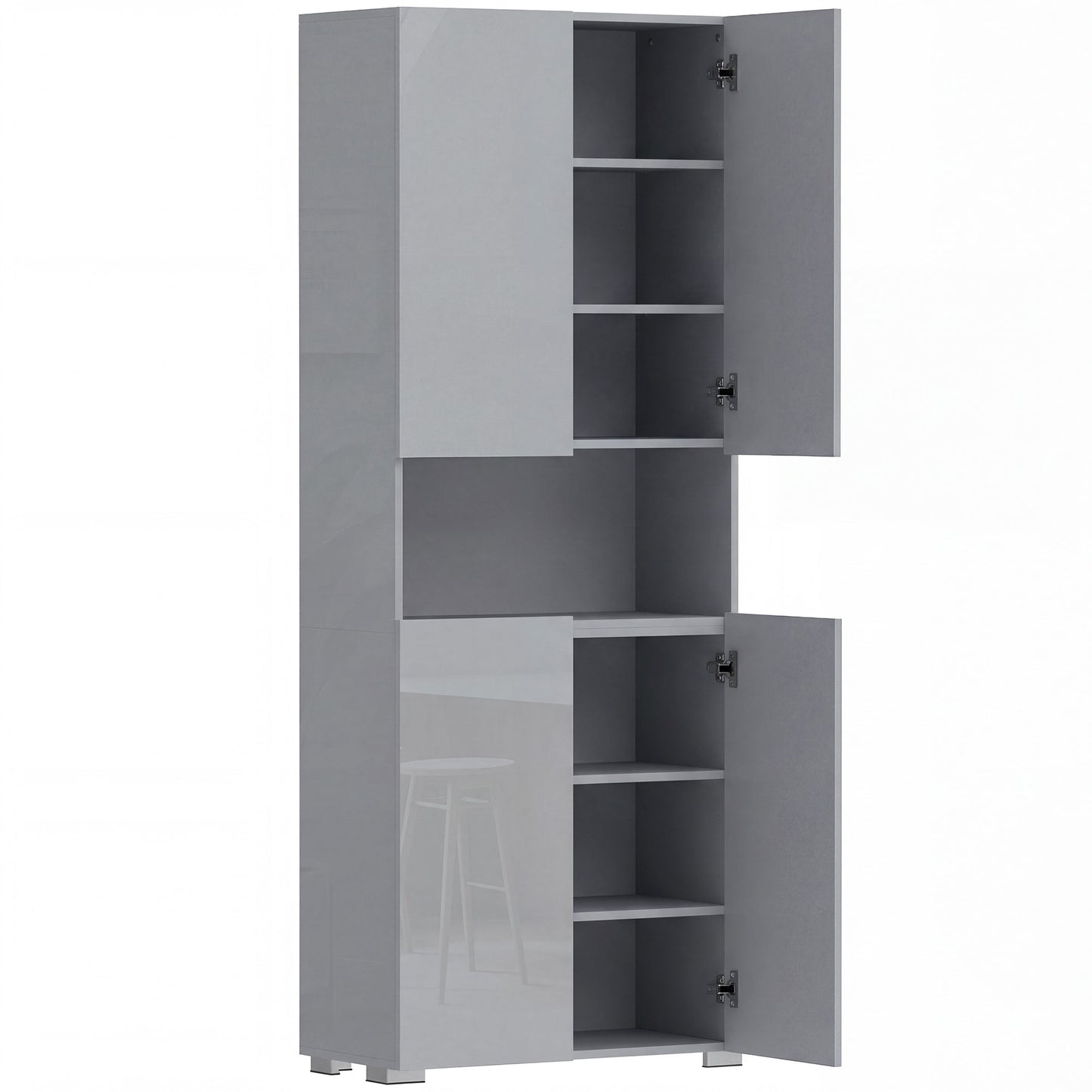 180 cm Tall Kitchen Cupboard, Pantry Storage Cabinet with Soft Close Doors and Adjustable Shelves, Freestanding Kitchen Cabinet for Dining Room, High Gloss Grey