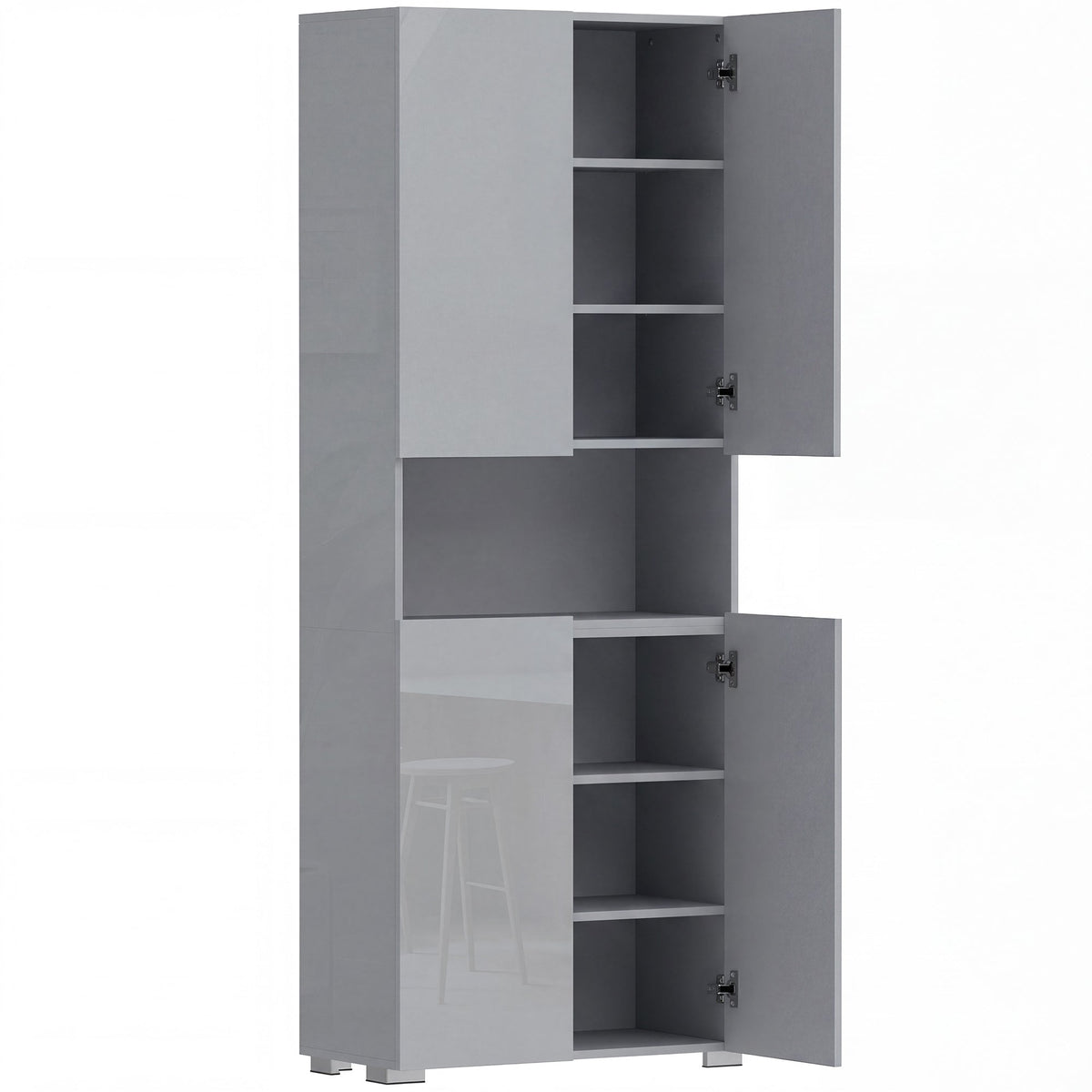 180 cm Tall Kitchen Cupboard, Pantry Storage Cabinet with Soft Close Doors and Adjustable Shelves, Freestanding Kitchen Cabinet for Dining Room, High Gloss Grey