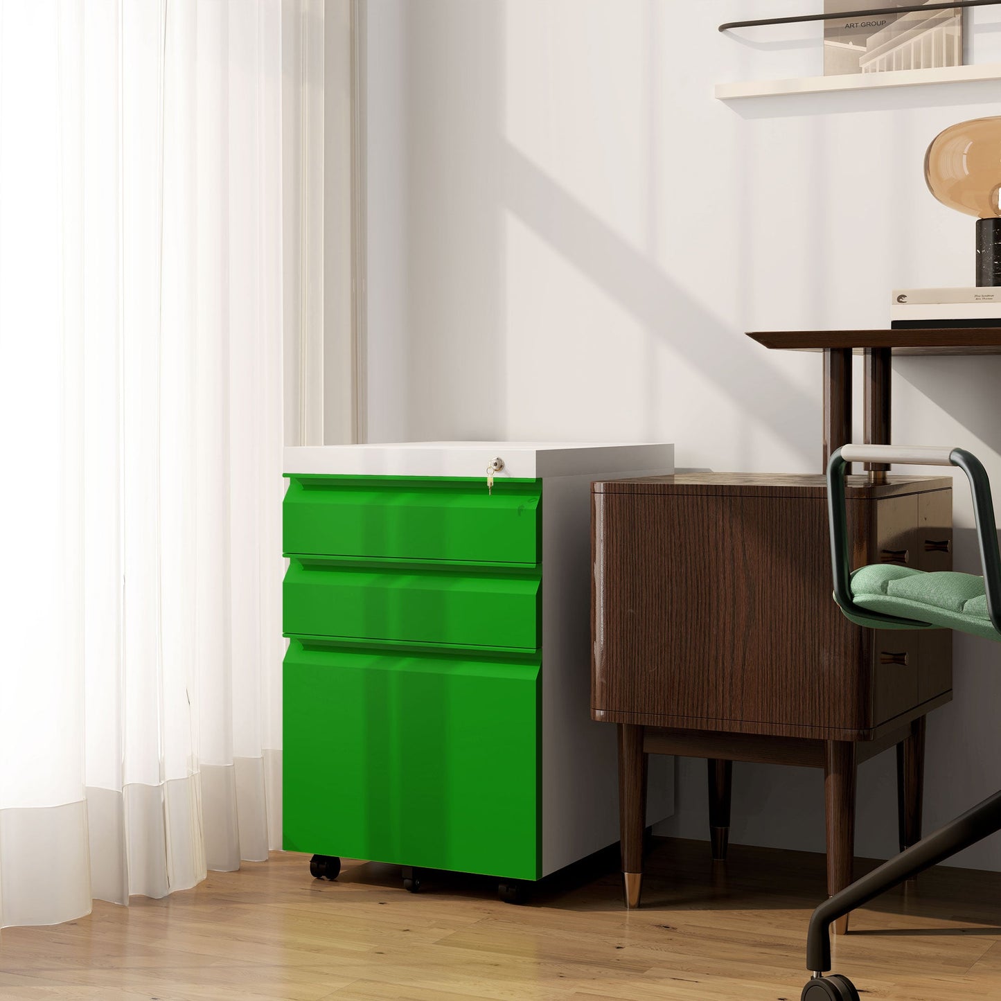 Vinsetto Mobile Vertical File Cabinet Lockable Metal Filling Cabinet with 3 Drawers Anti-tilt Design for Letter A4 Legal Size Fully Assembled Except Casters Green