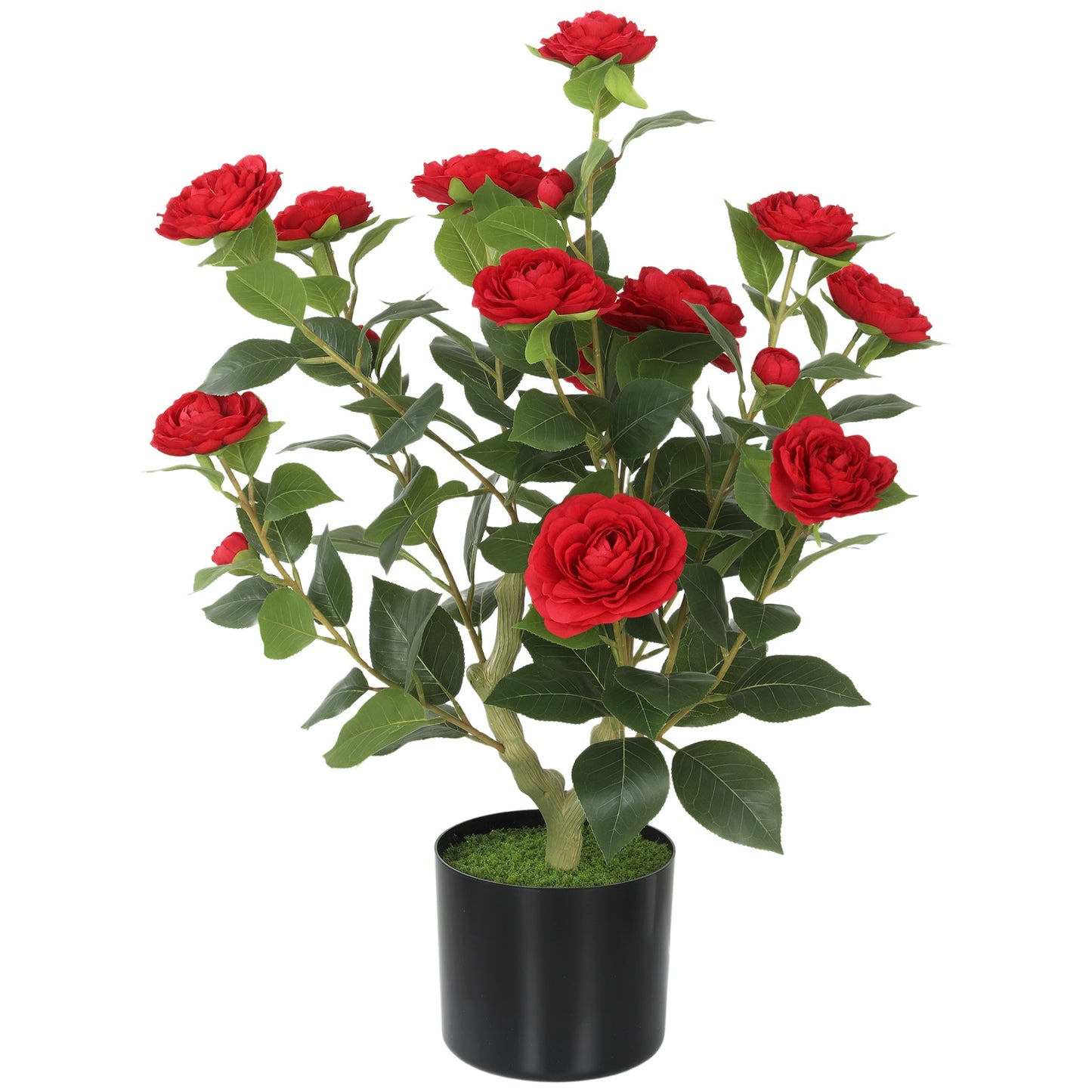 65cm Artificial Camellia Flower Plant in Pot, Realistic Silk Flowers with 116 Lush Leaves & Moss Effect, Faux Tree for Outdoor Indoor Garden Porch Decor, Red