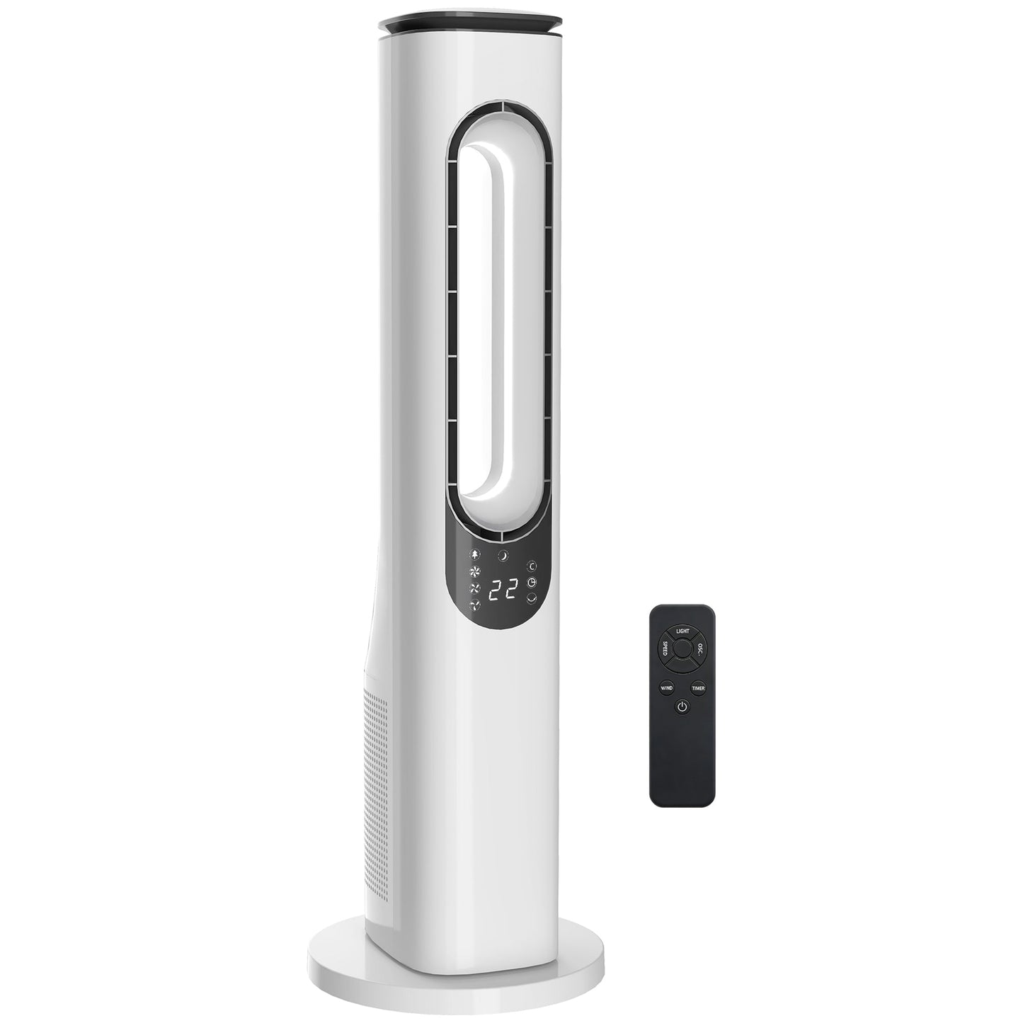 Bladeless Tower Fan for Bedroom, 35dB Standing Cooling Fan with 50° Oscillating, LED Lights, 3 Speeds, 3 Modes, 15H Timer, LED Display and Remote Control, White
