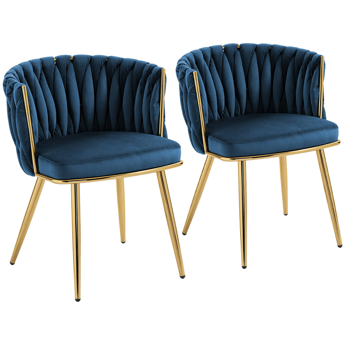 Velvet-Feel Dining Chairs Set of 2, Modern Upholstered Kitchen Chairs with Woven Backrest and Armrests, Metal Legs and Padded Seat for Dining Room, Bedroom, Living Room, Dark Blue