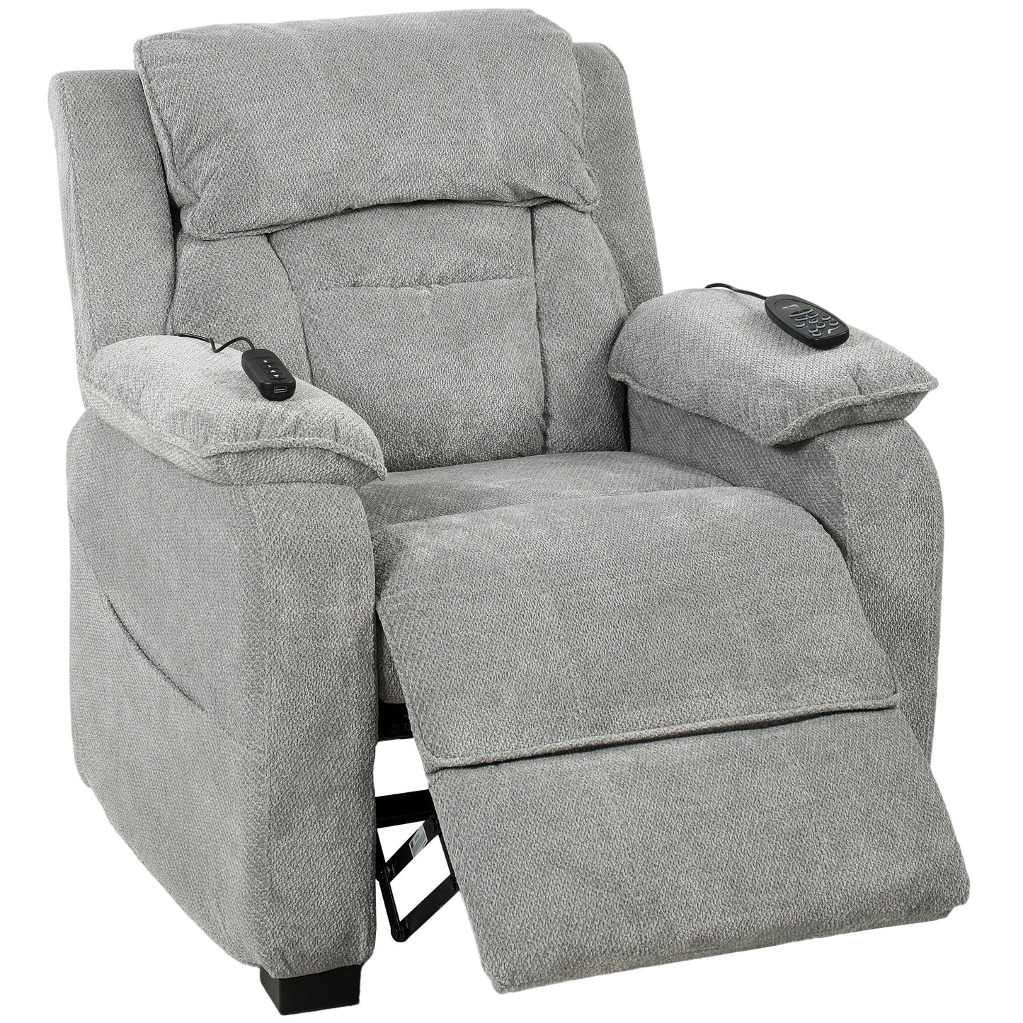 Power Recliner Armchair with Massage and Heat, Velvet-Feel Fabric Quiet Electric Reclining Chair with Wide Spring Seat, Memory Function, High Back, Headrest, USB Port, Side Pockets, Light Grey